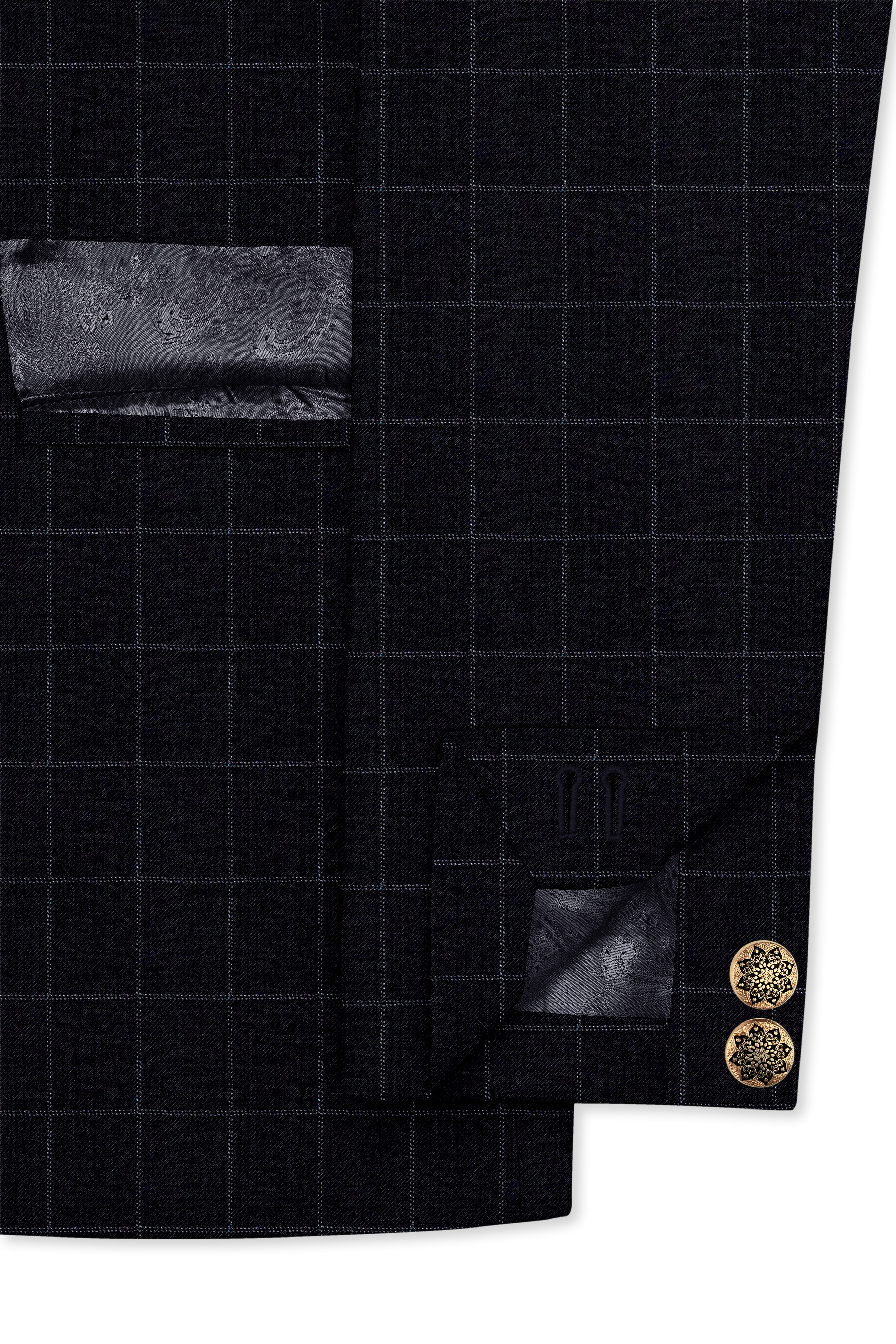 Log Cabin Black Super fine Windowpane Cross Placket Wool Rich Bandhgala Suit