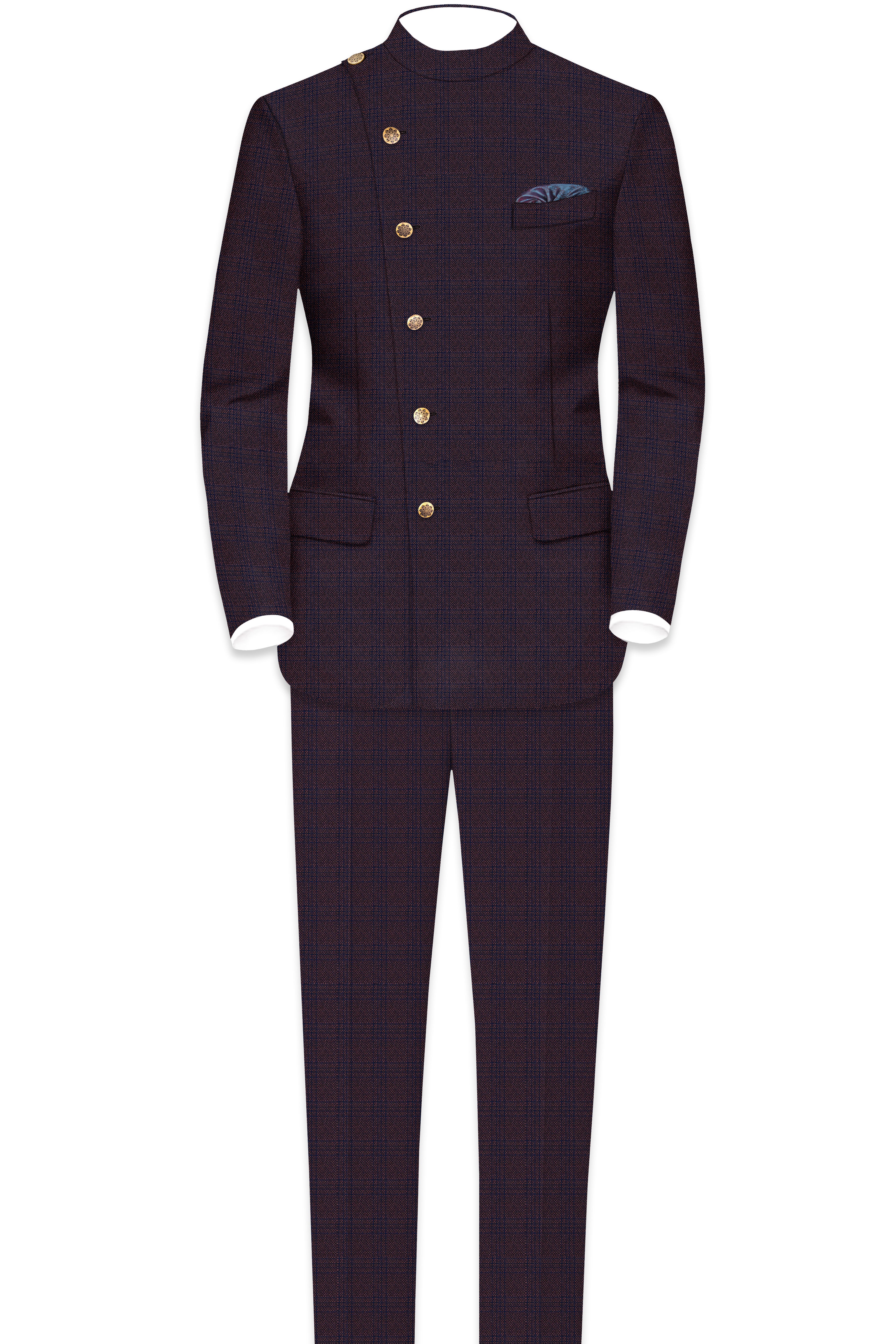 Thunder Brown Subtle Checkered Woolrich Cross Placket Bandhgala Suit