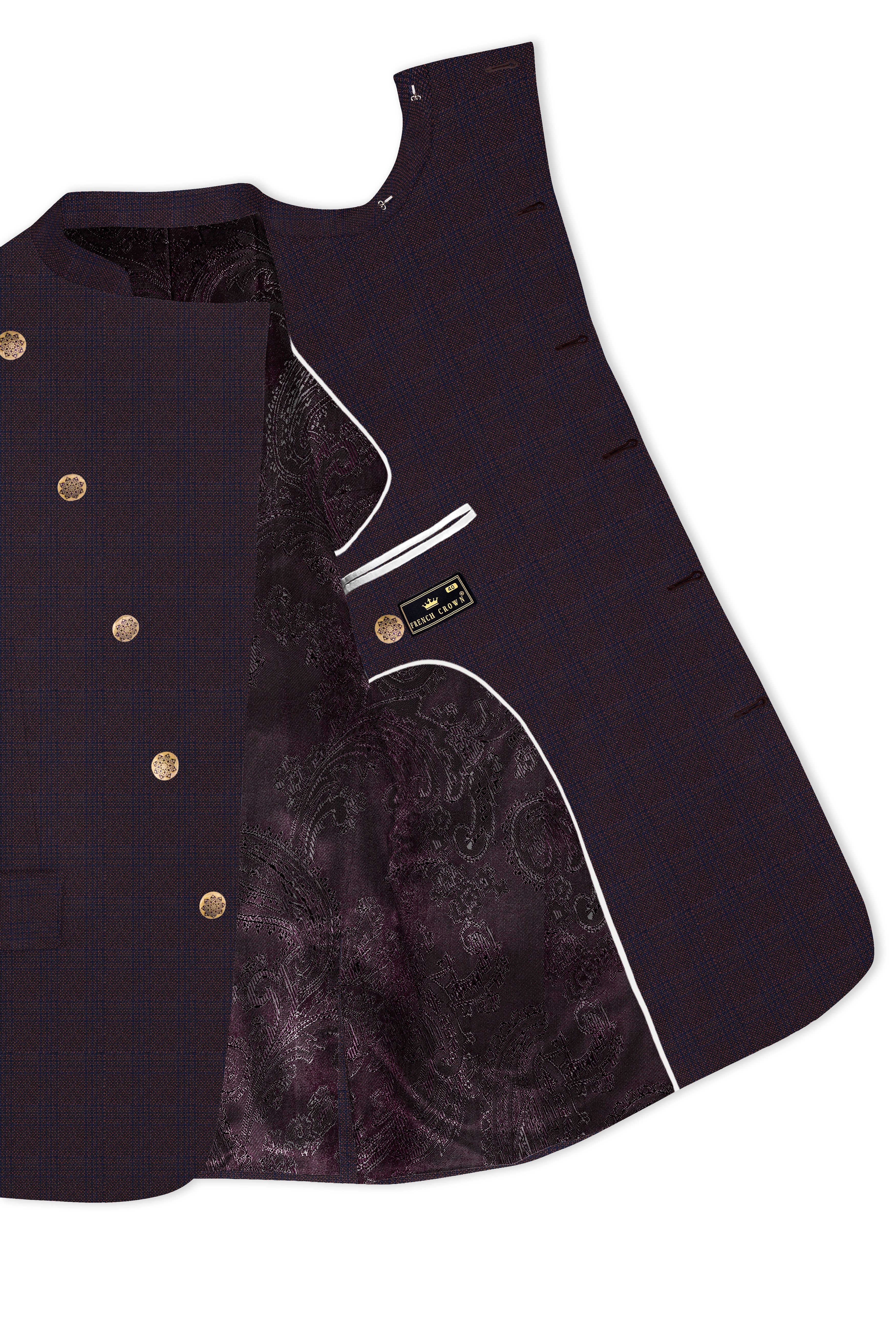 Thunder Brown Subtle Checkered Woolrich Cross Placket Bandhgala Suit