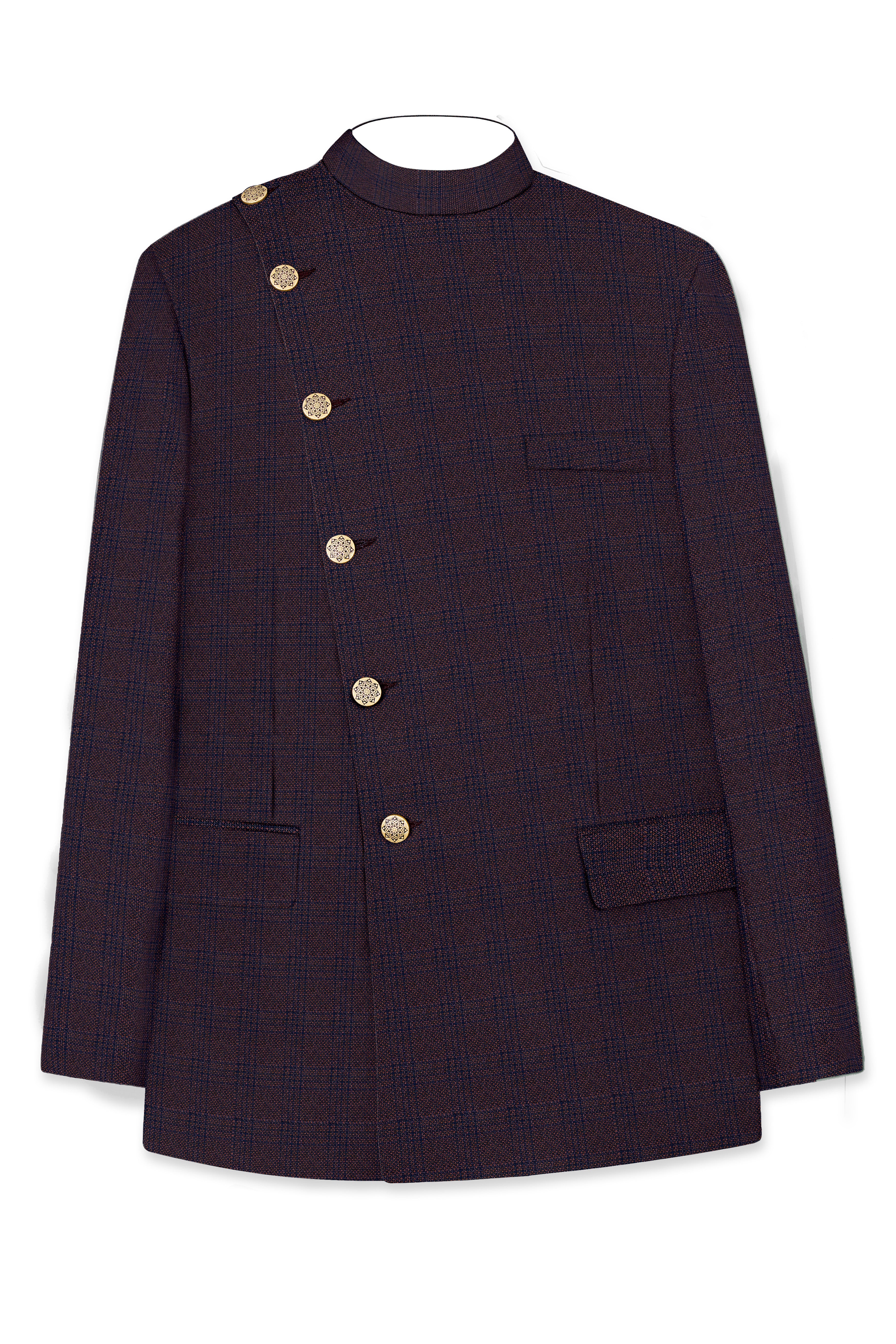 Thunder Brown Subtle Checkered Woolrich Cross Placket Bandhgala Suit