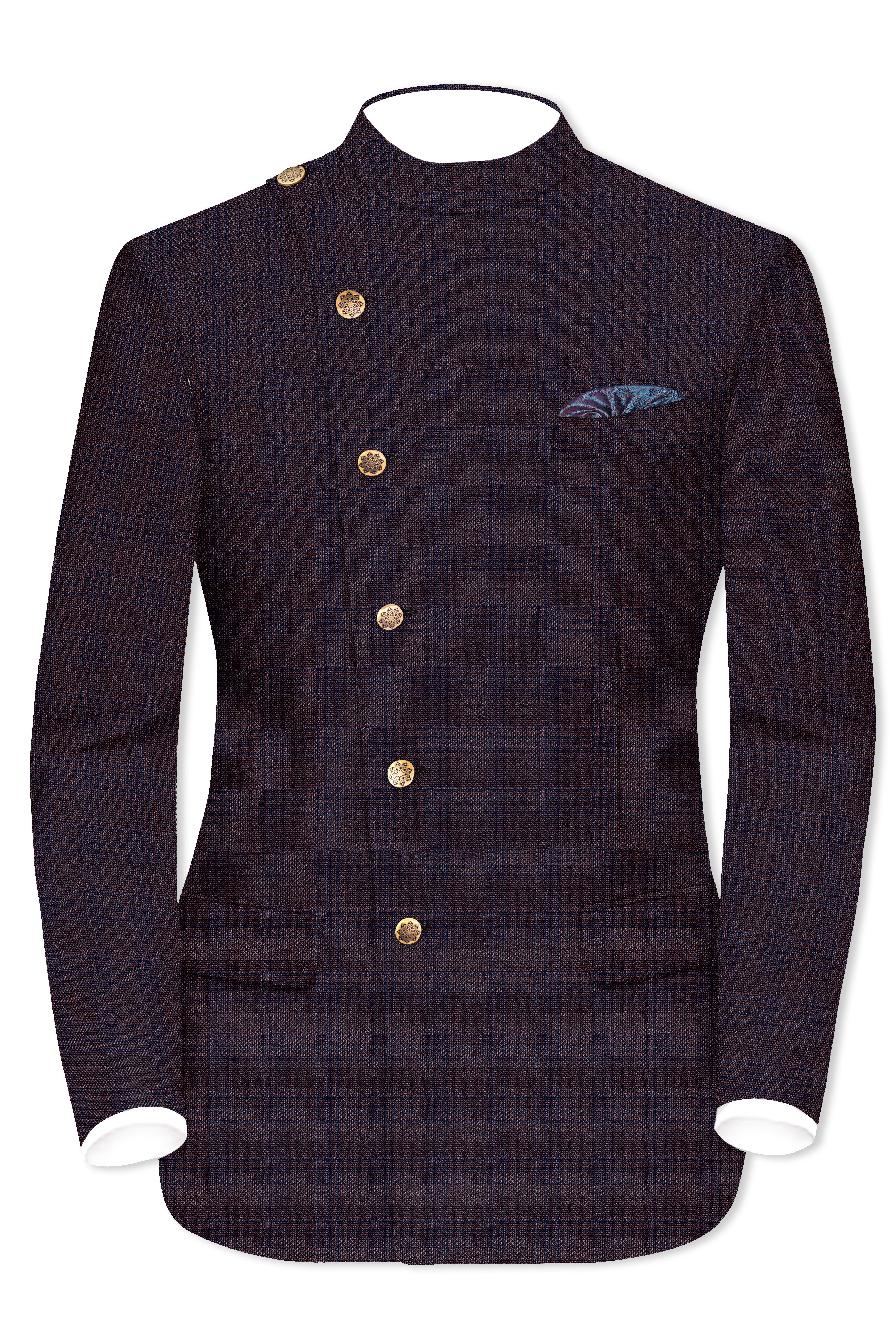 Thunder Brown Subtle Checkered Woolrich Cross Placket Bandhgala Suit