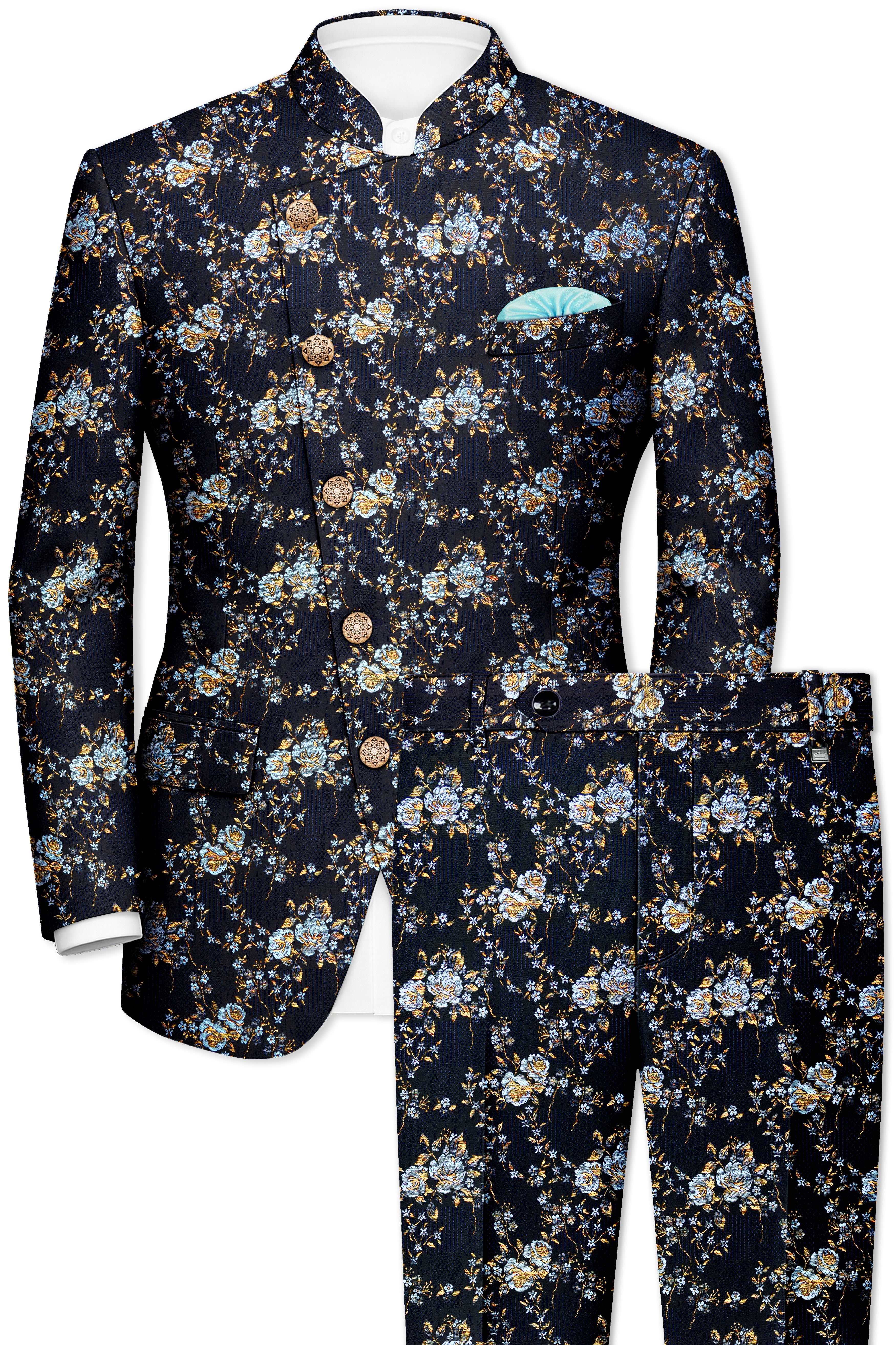 Storm Dust Floral Textured Cross Placket Bandhgala Designer Suit