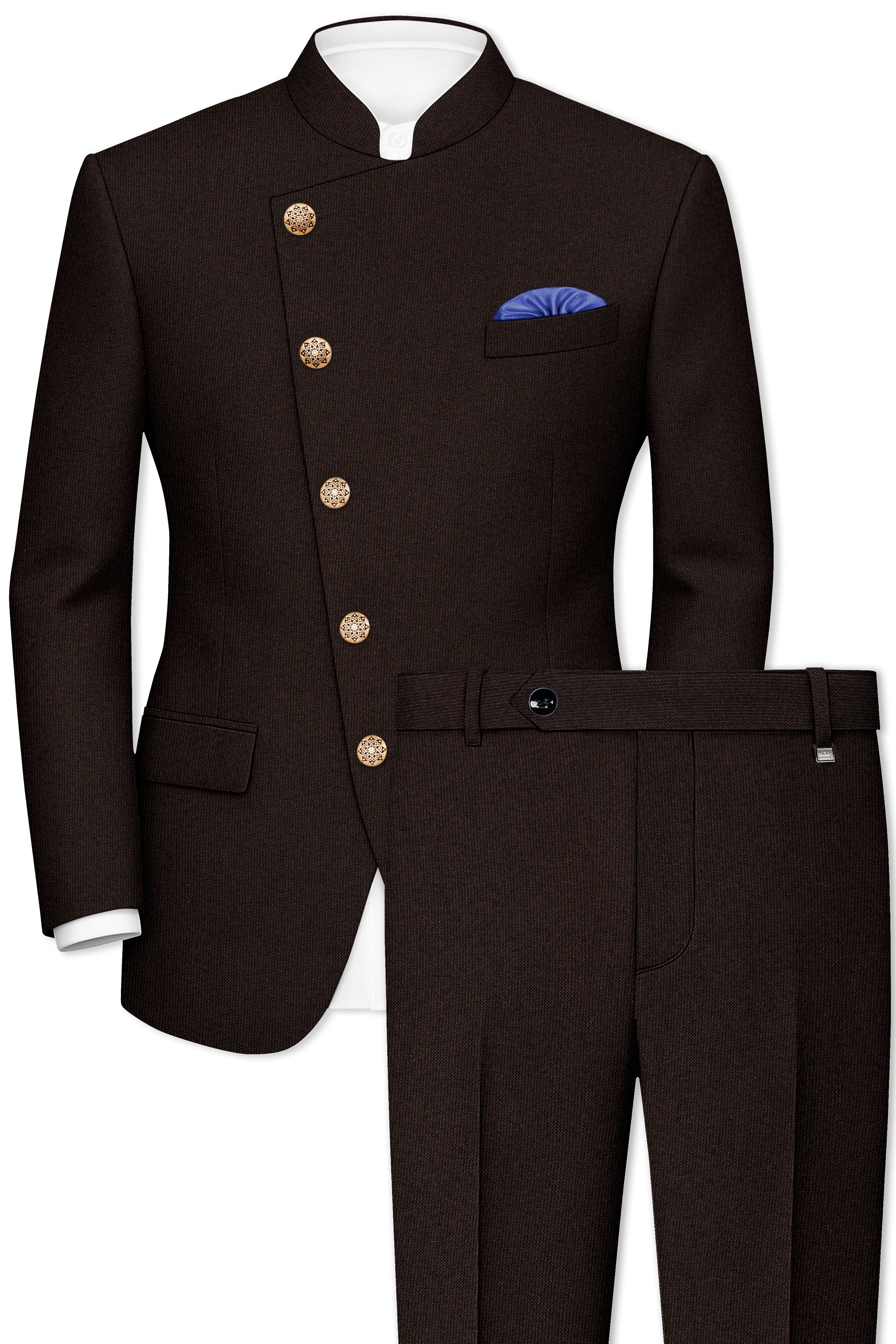 English Walnut Brown Cross Placket Bandhgala Suit