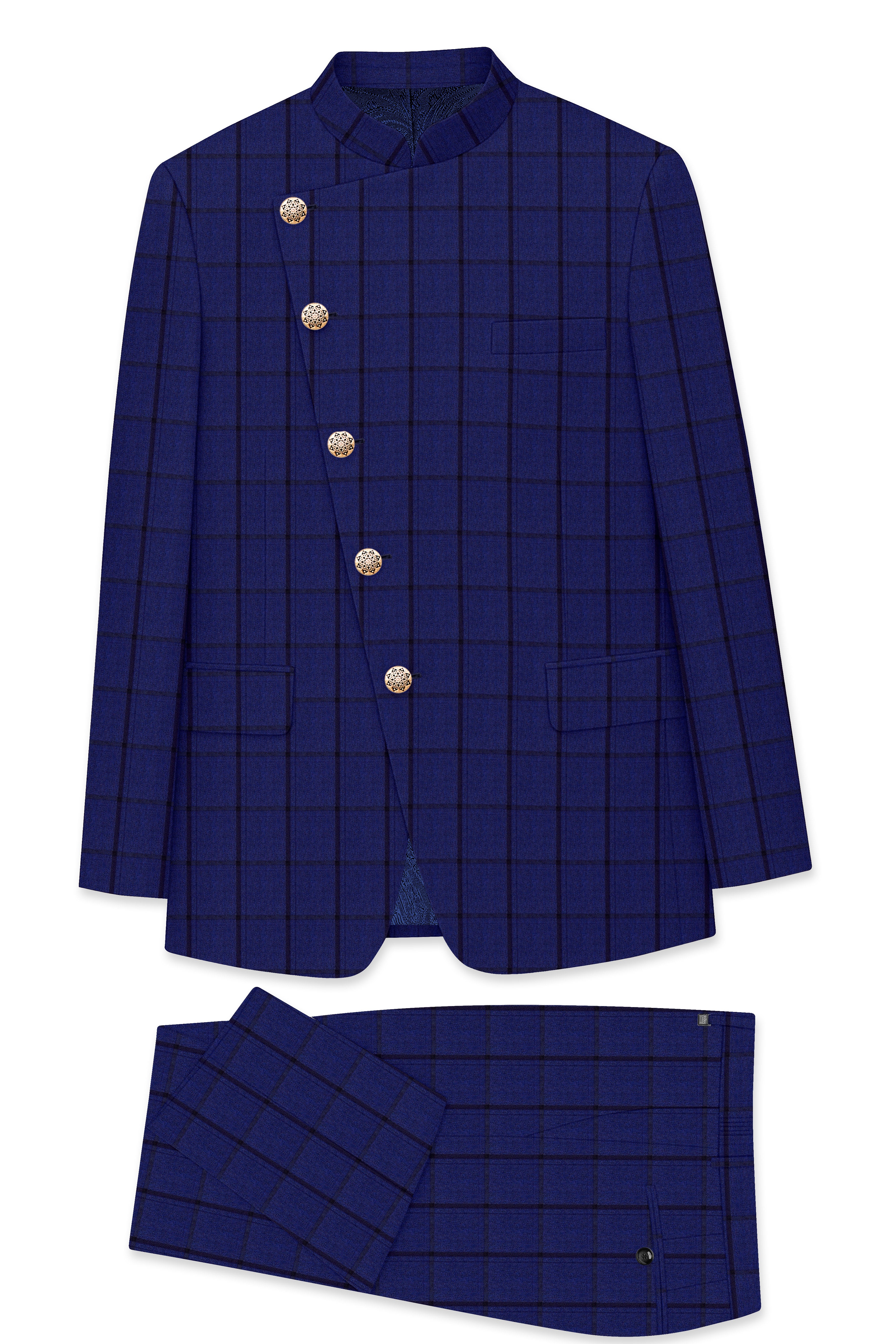 Dark Blue Windowpane Cross Placket Bandhgala Suit