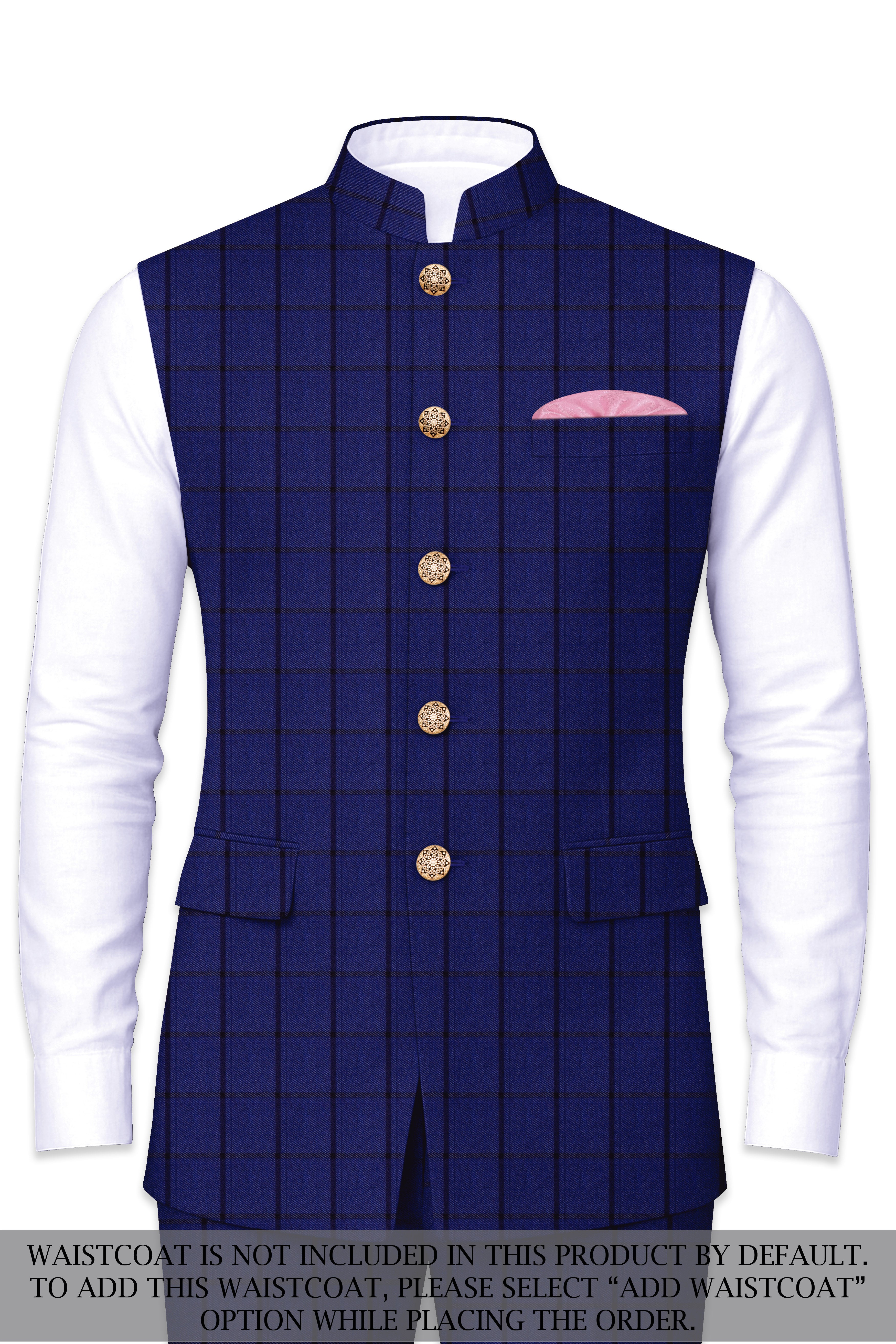 Dark Blue Windowpane Cross Placket Bandhgala Suit