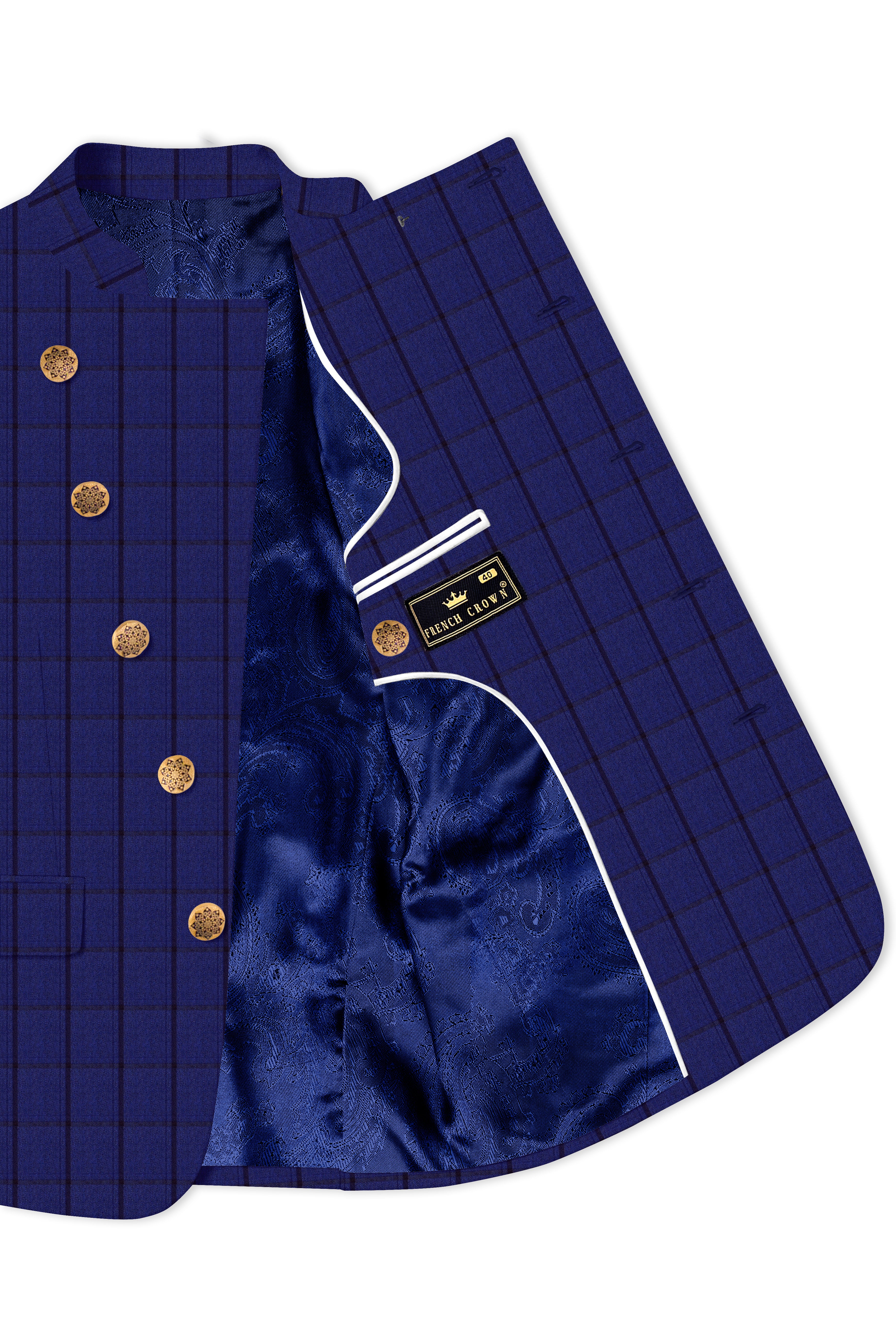 Dark Blue Windowpane Cross Placket Bandhgala Suit