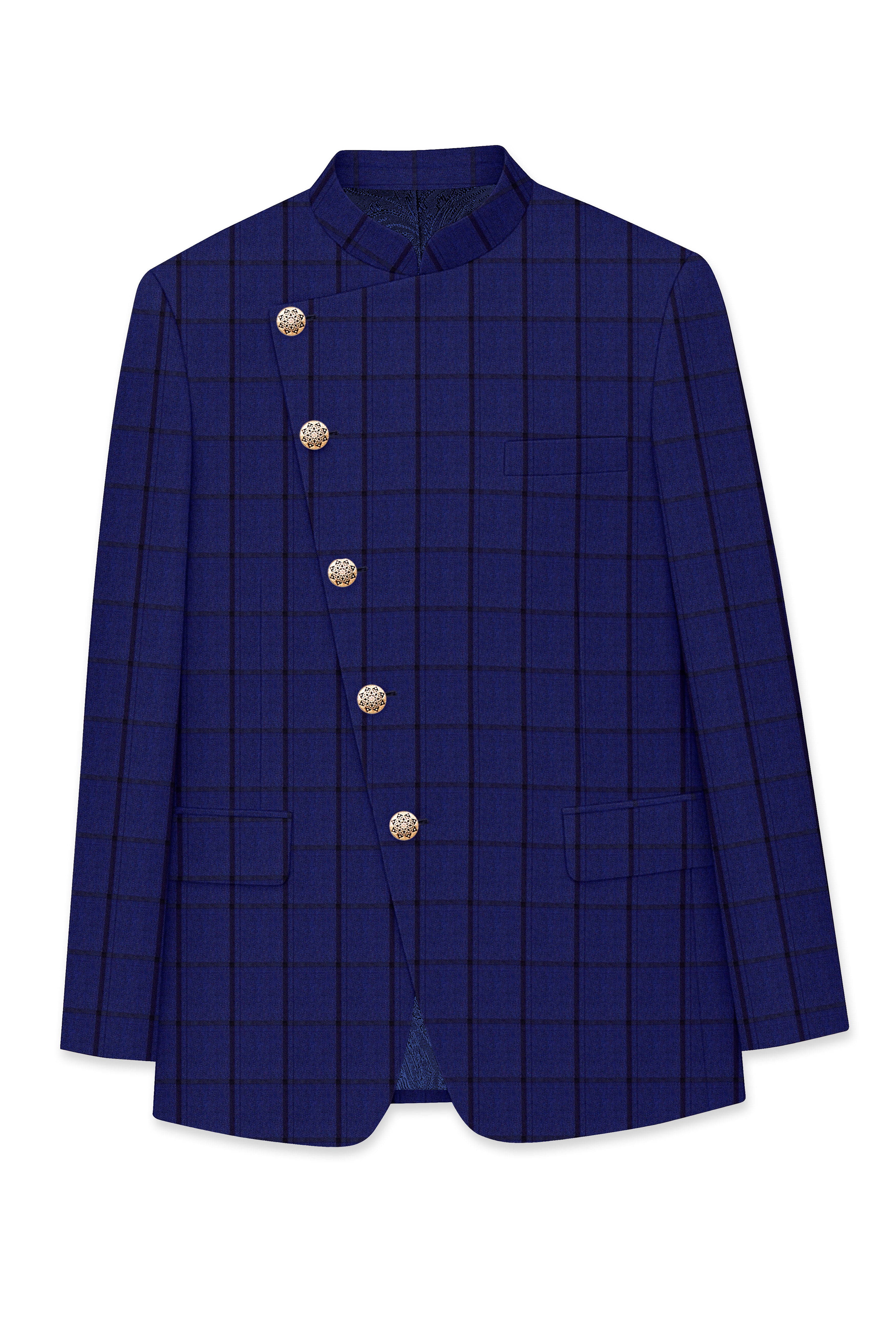Dark Blue Windowpane Cross Placket Bandhgala Suit