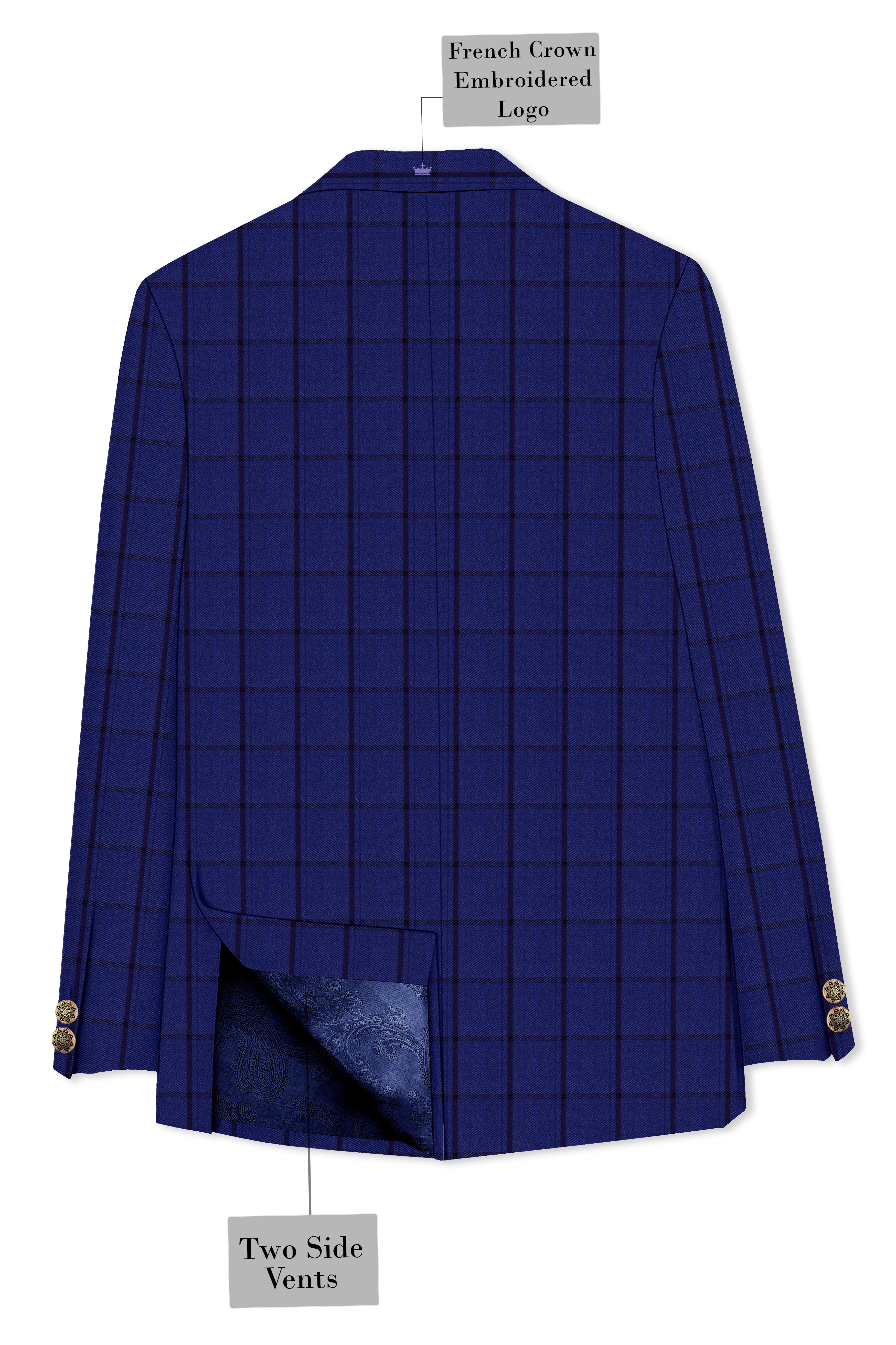 Dark Blue Windowpane Cross Placket Bandhgala Suit