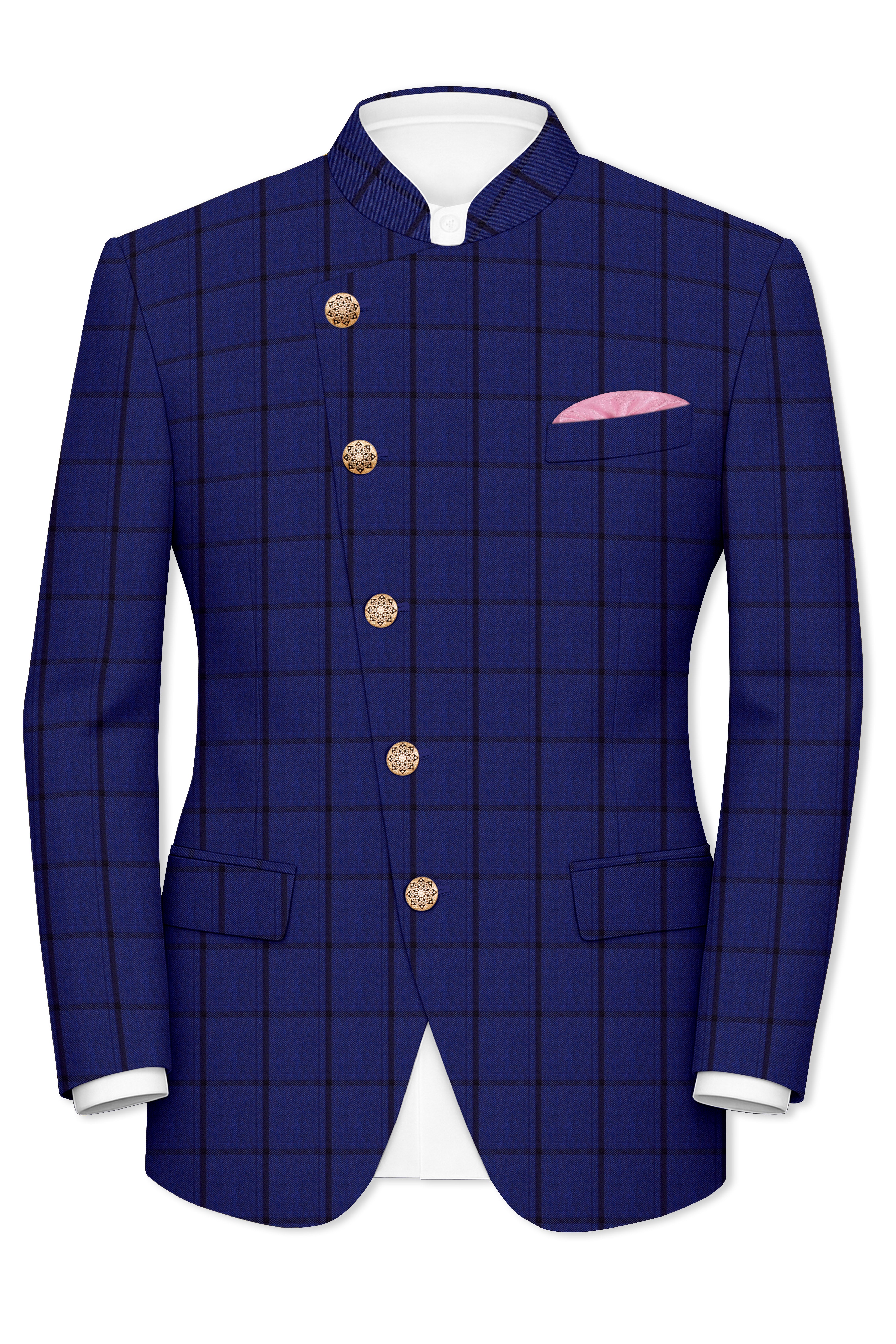 Dark Blue Windowpane Cross Placket Bandhgala Suit