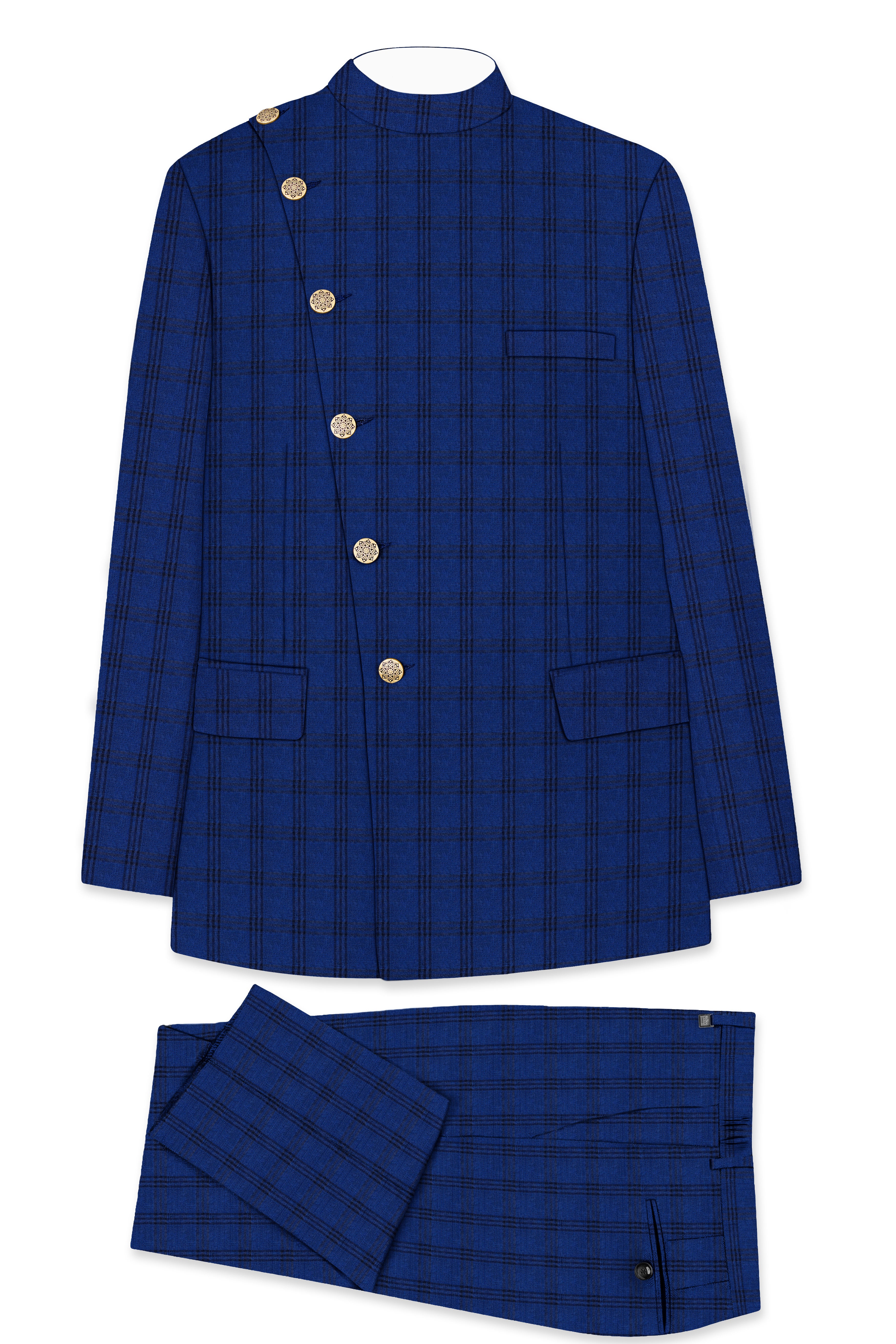 Cloud Burst Blue With Black Plaid Cross Placket Bandhgala Suit