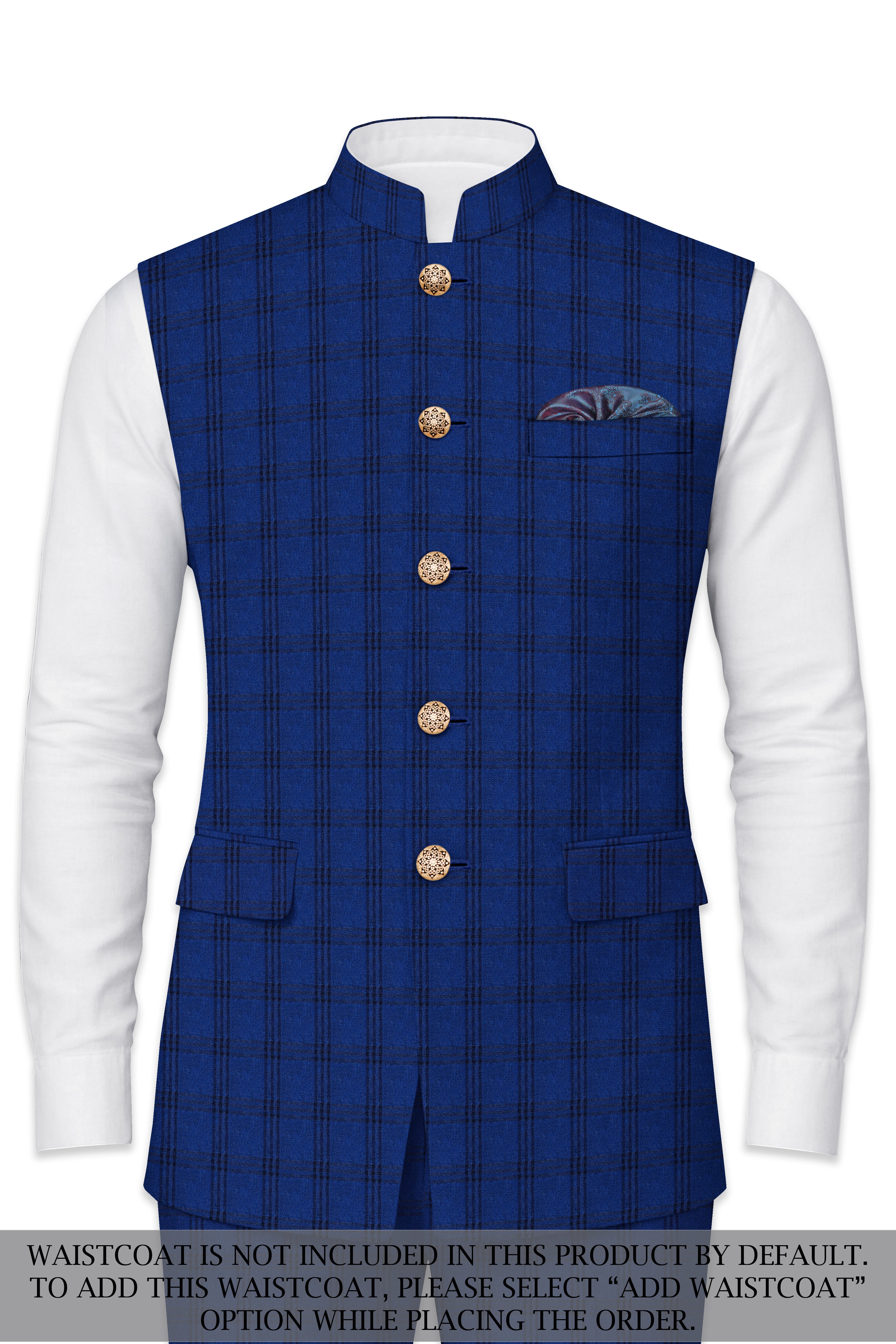 Cloud Burst Blue With Black Plaid Cross Placket Bandhgala Suit