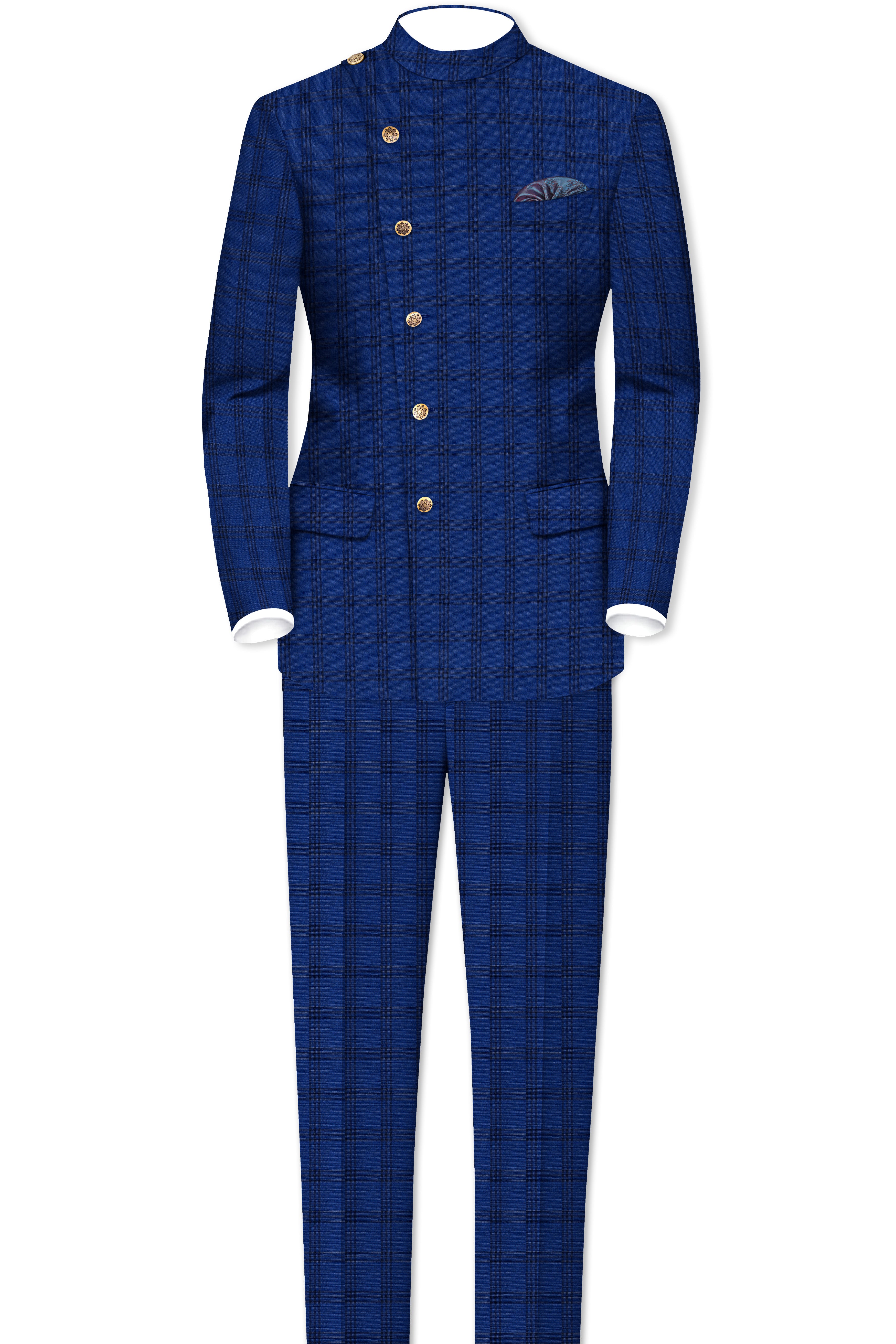 Cloud Burst Blue With Black Plaid Cross Placket Bandhgala Suit