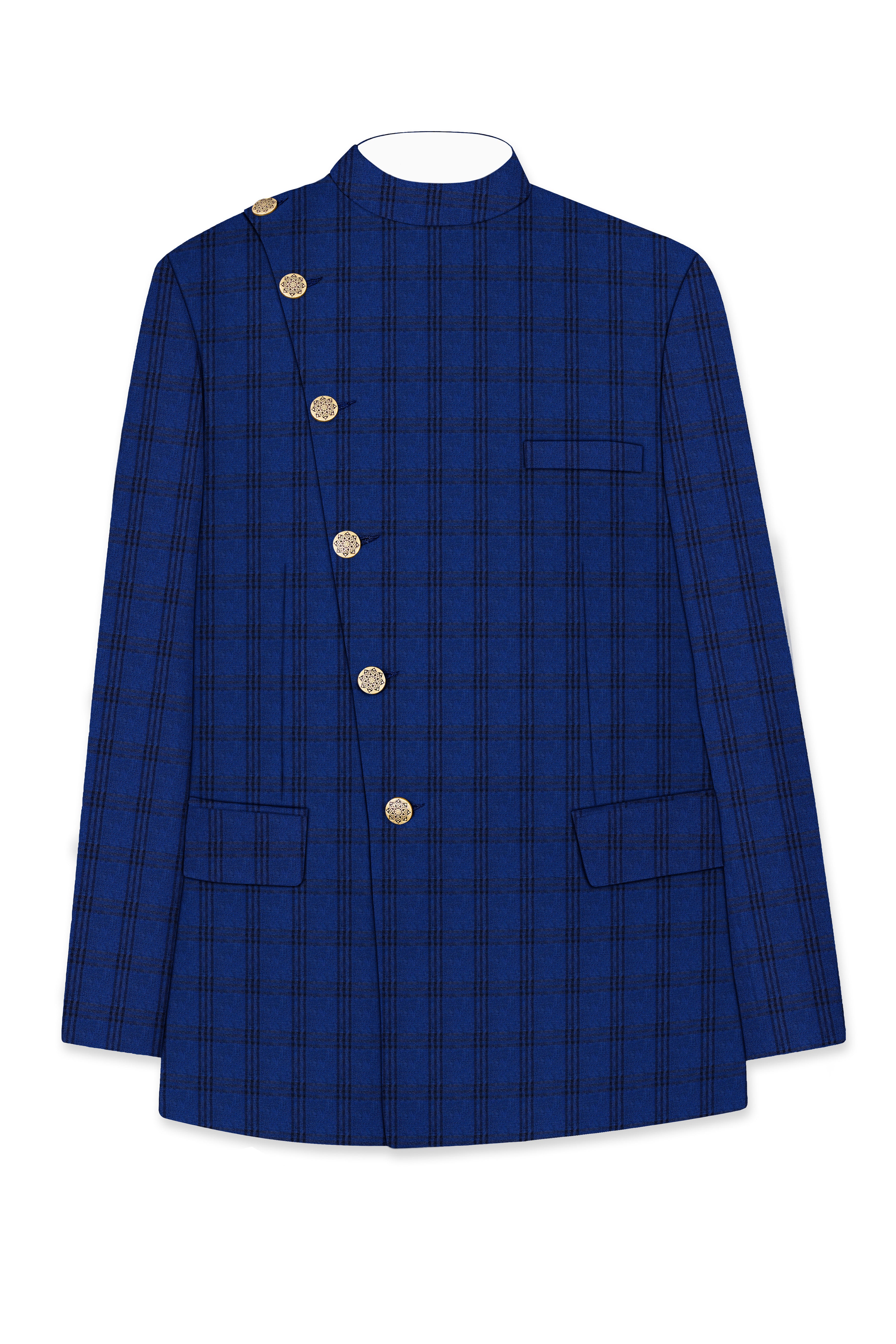 Cloud Burst Blue With Black Plaid Cross Placket Bandhgala Suit