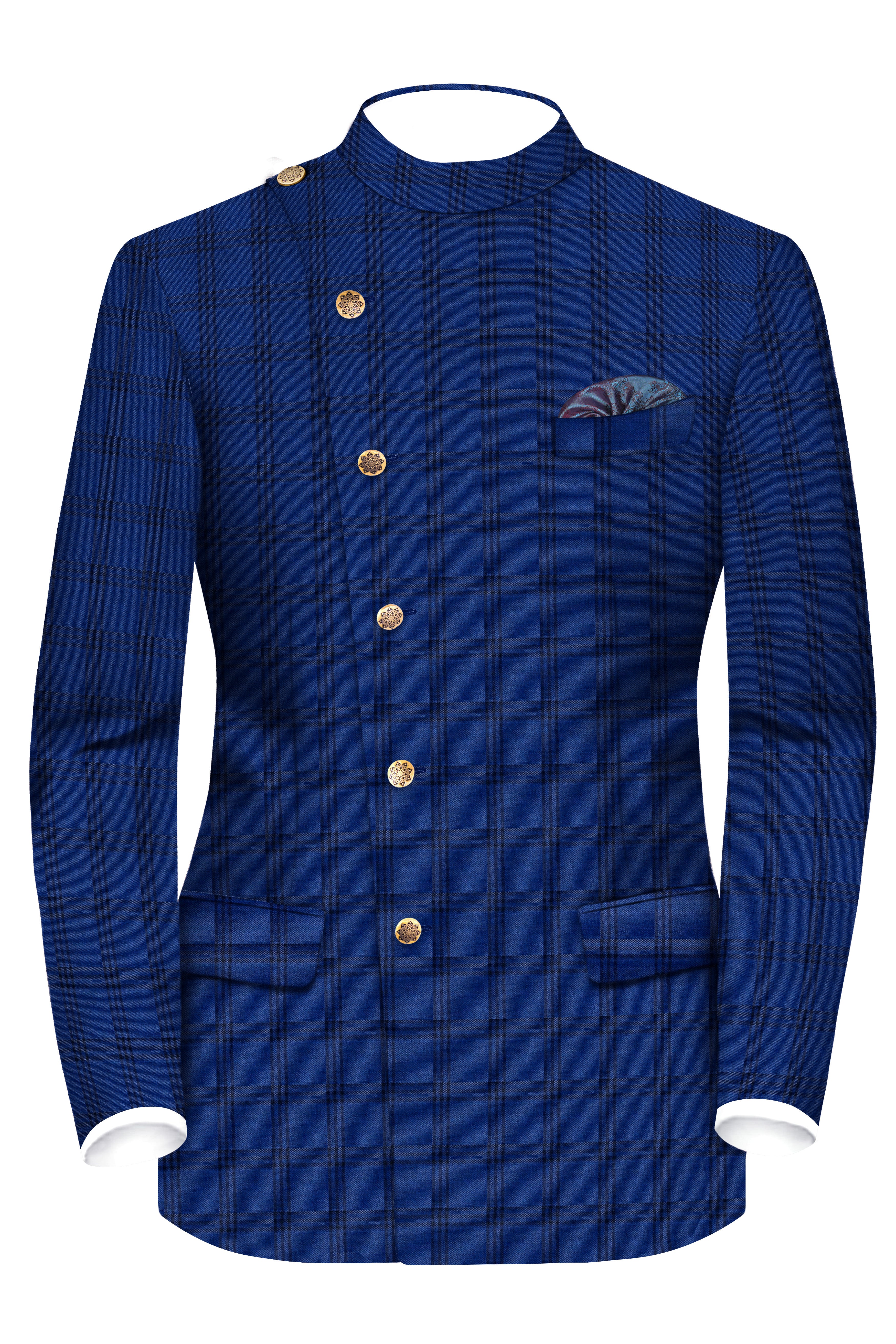 Cloud Burst Blue With Black Plaid Cross Placket Bandhgala Suit