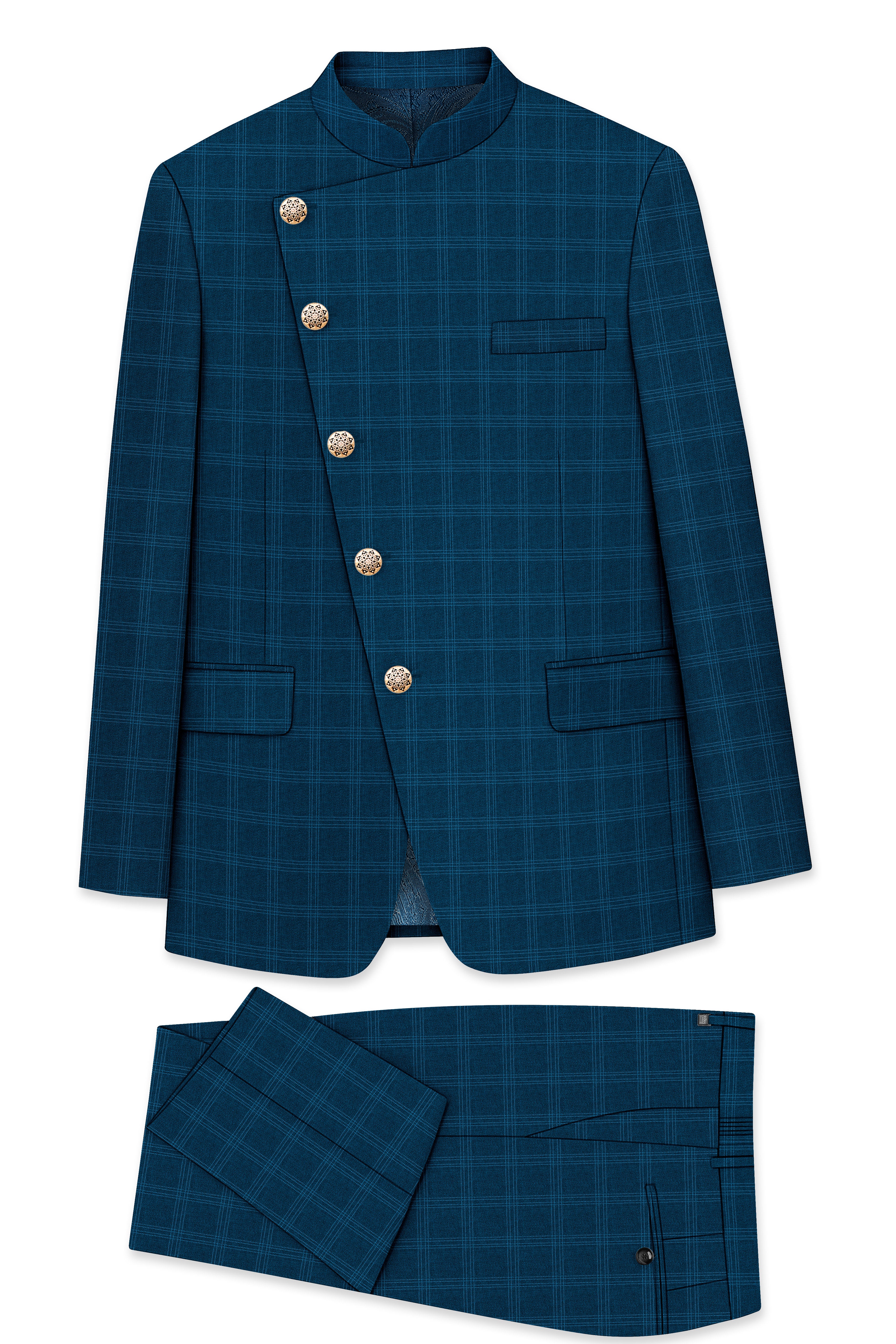 Cloud Burst Sea Green Windowpane Cross Placket Bandhgala Suit