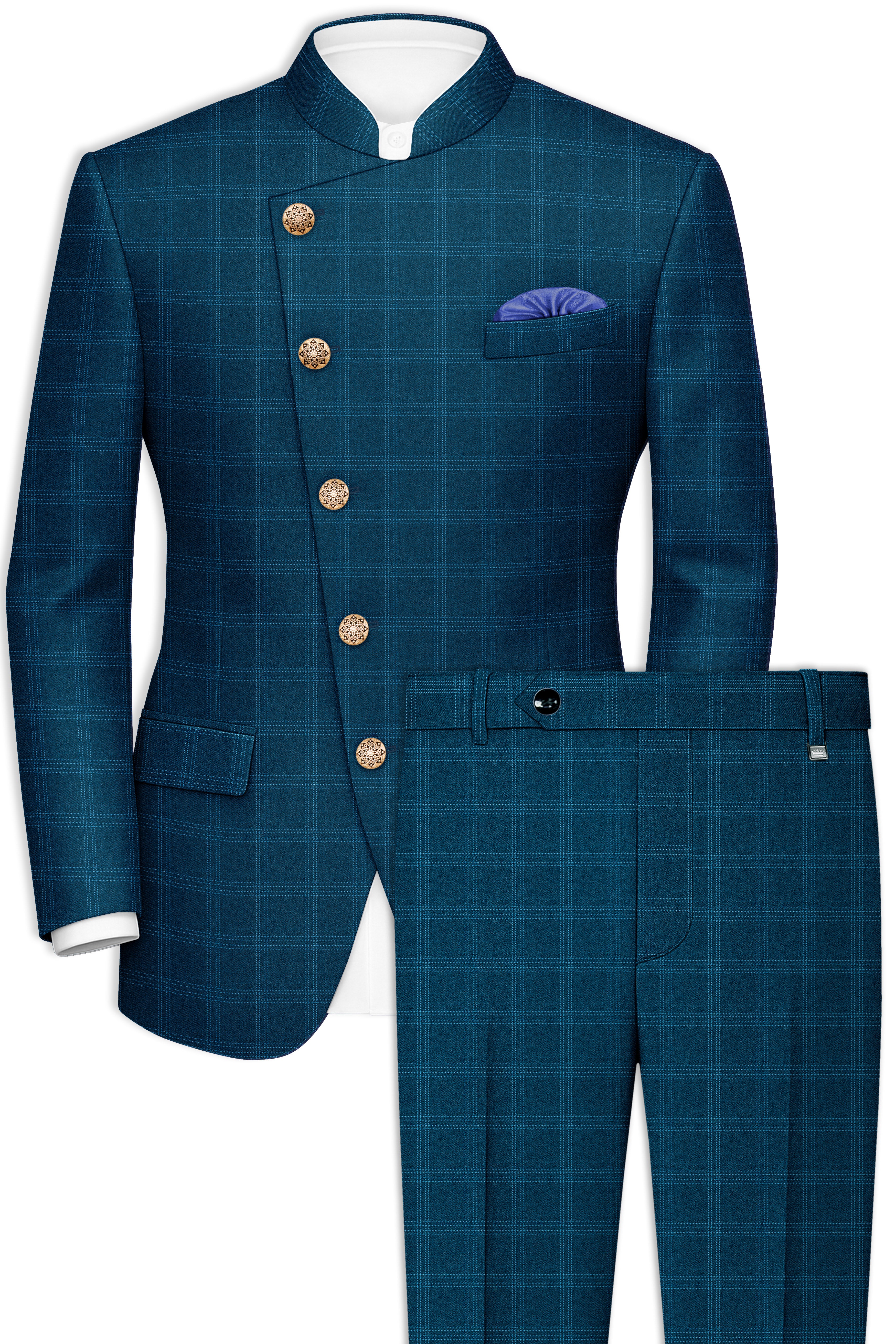 Cloud Burst Sea Green Windowpane Cross Placket Bandhgala Suit