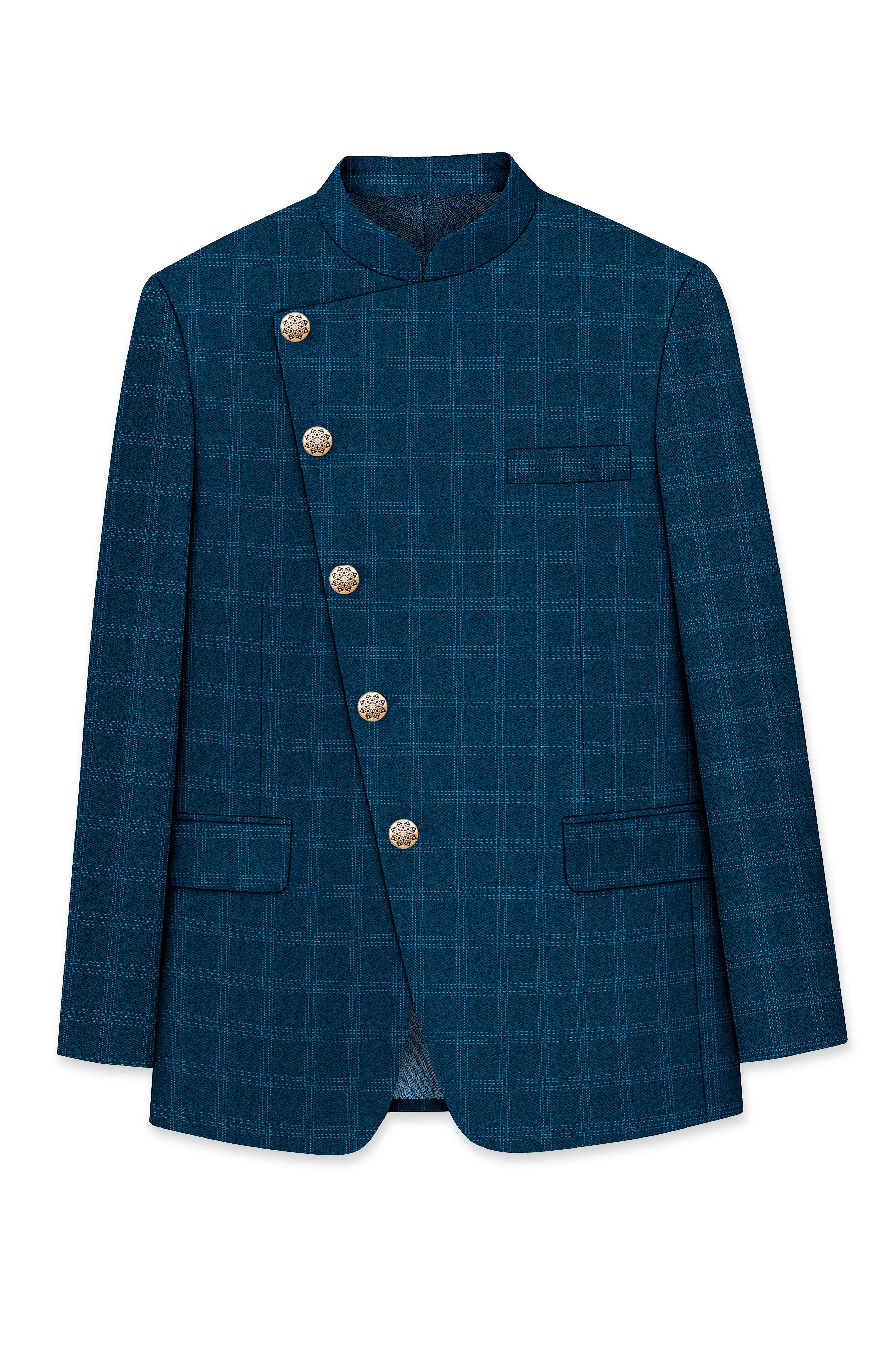 Cloud Burst Sea Green Windowpane Cross Placket Bandhgala Suit