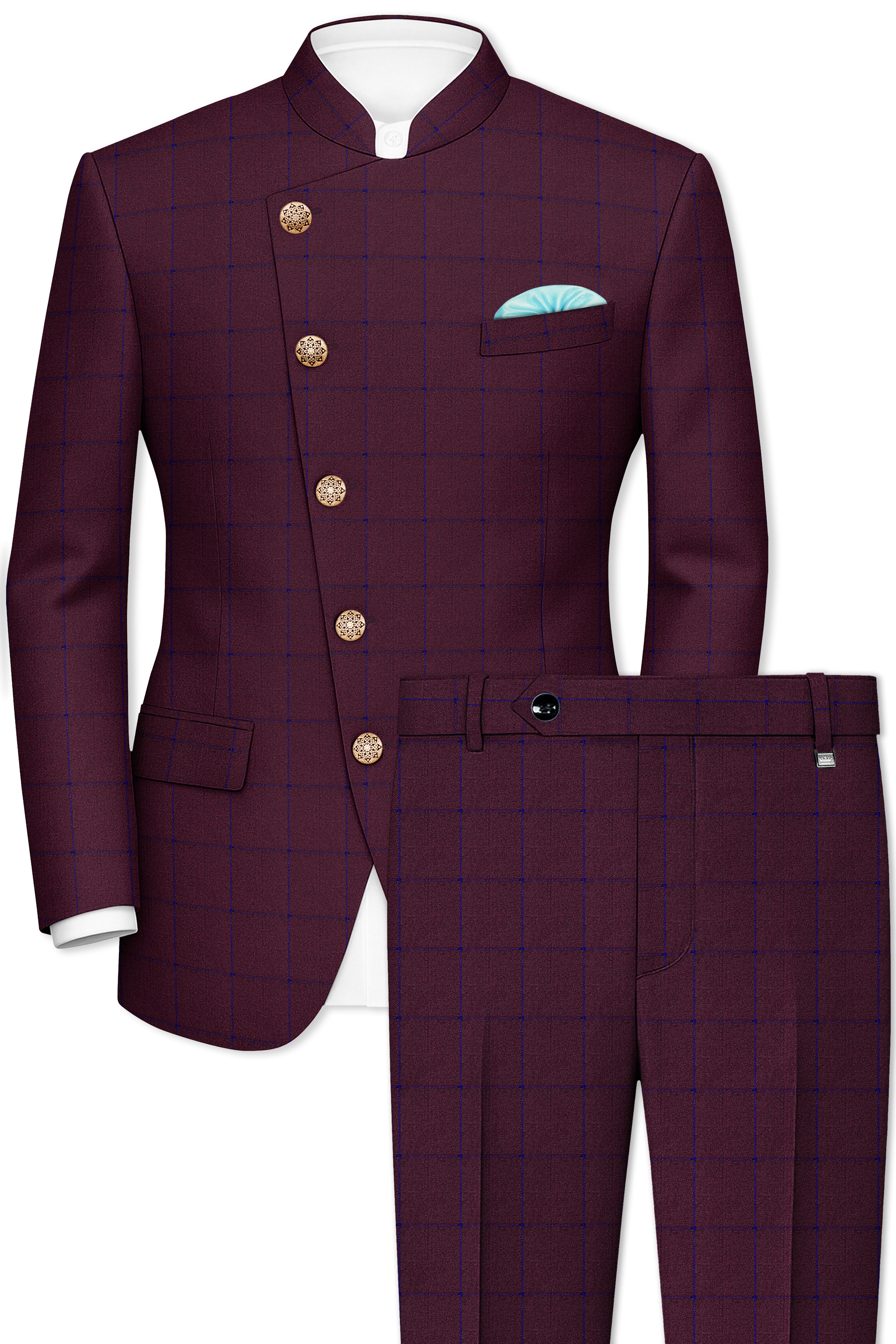 Wine Berry With Haiti Blue Windowpane Cross Placket Bandhgala Suit