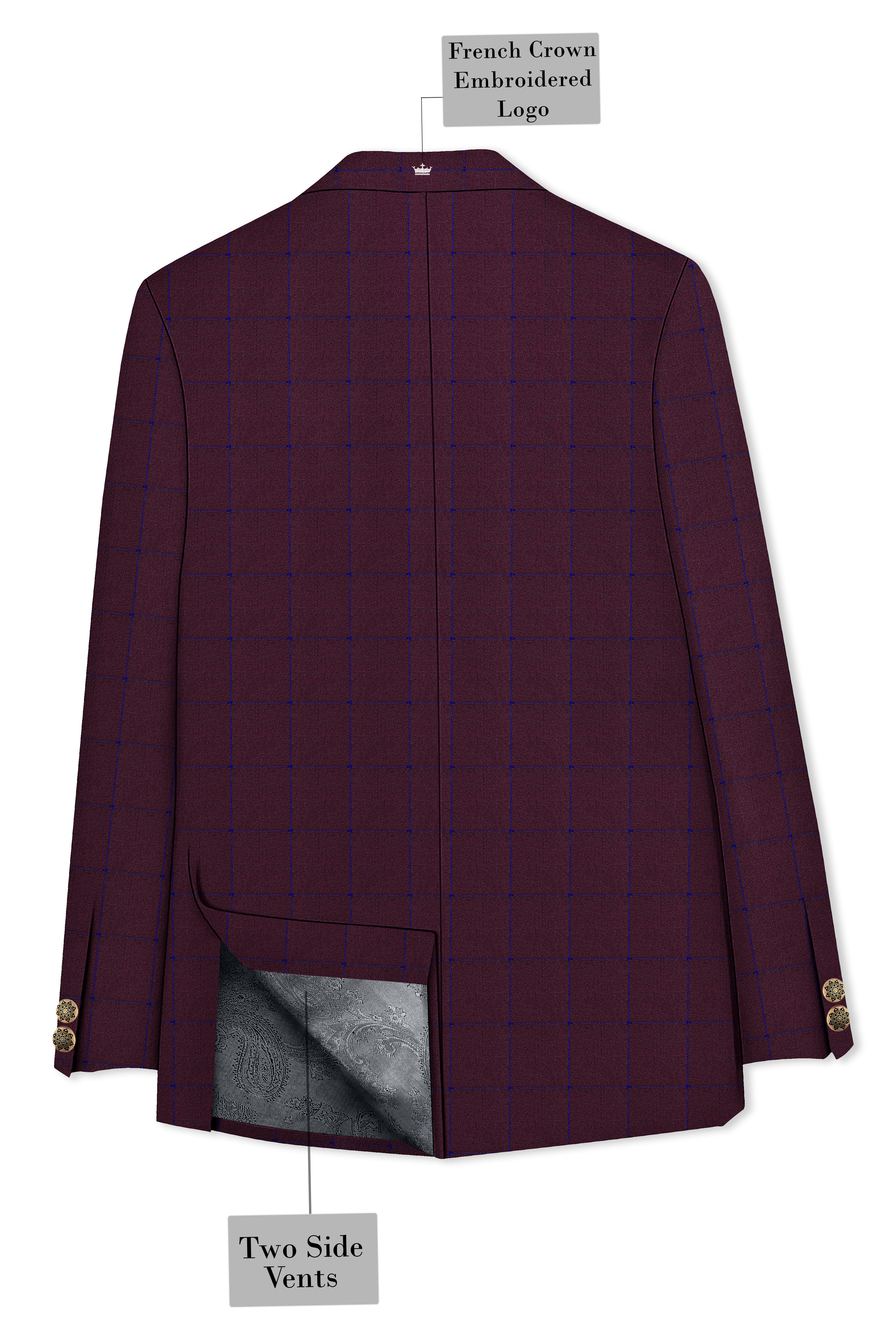 Wine Berry With Haiti Blue Windowpane Cross Placket Bandhgala Suit