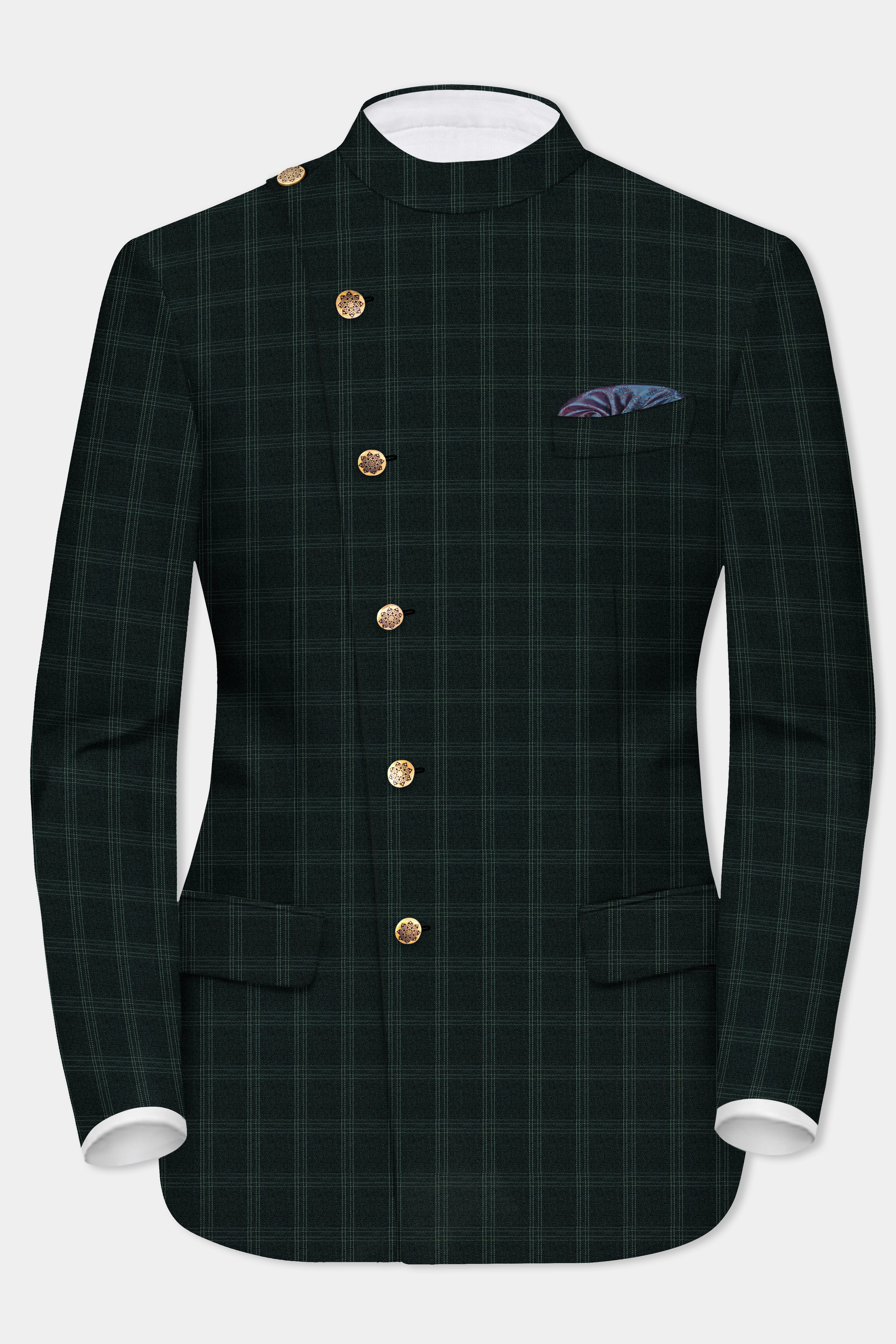 Zeus Green Plaid Cross Placket Bandhgala Suit