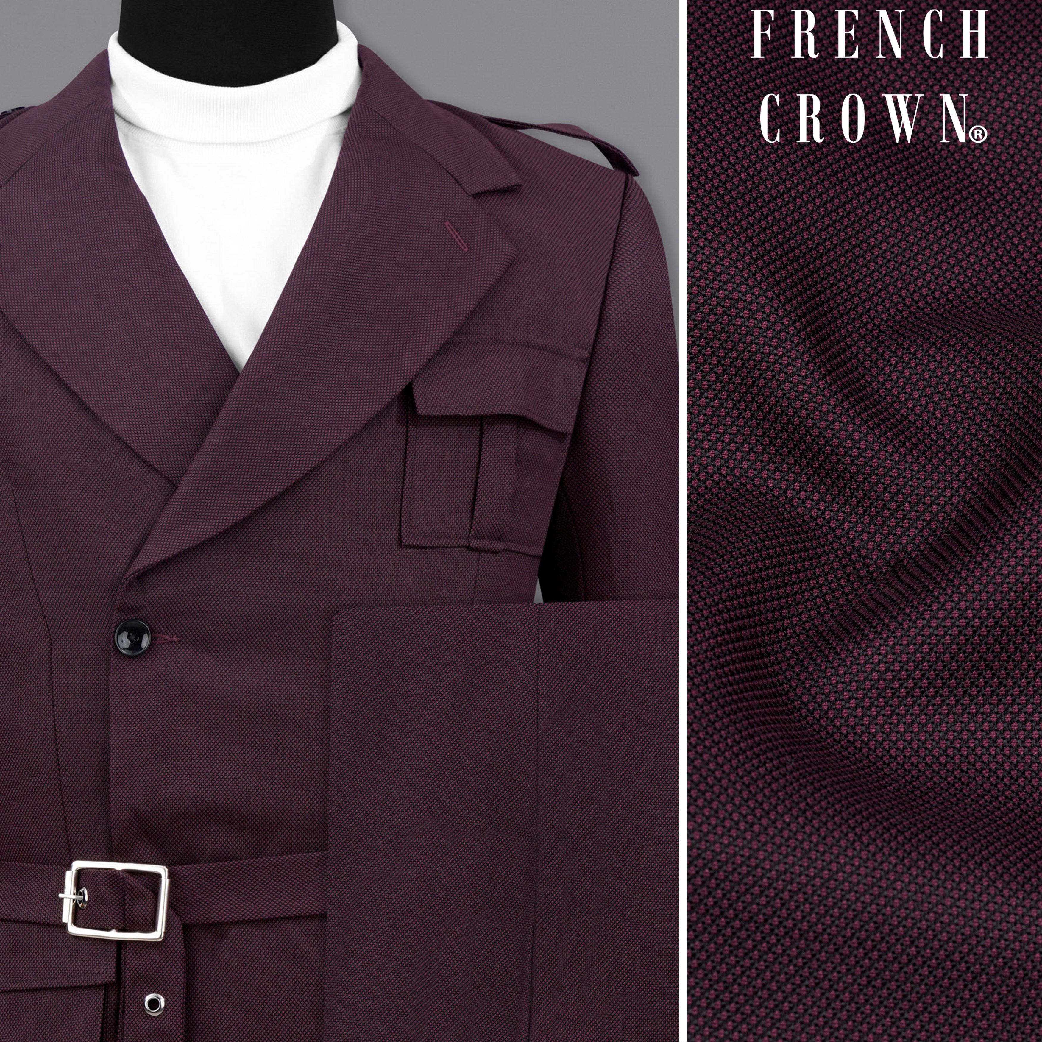 Eclipse Maroon Double Breasted Designer Suit with Belt Closure