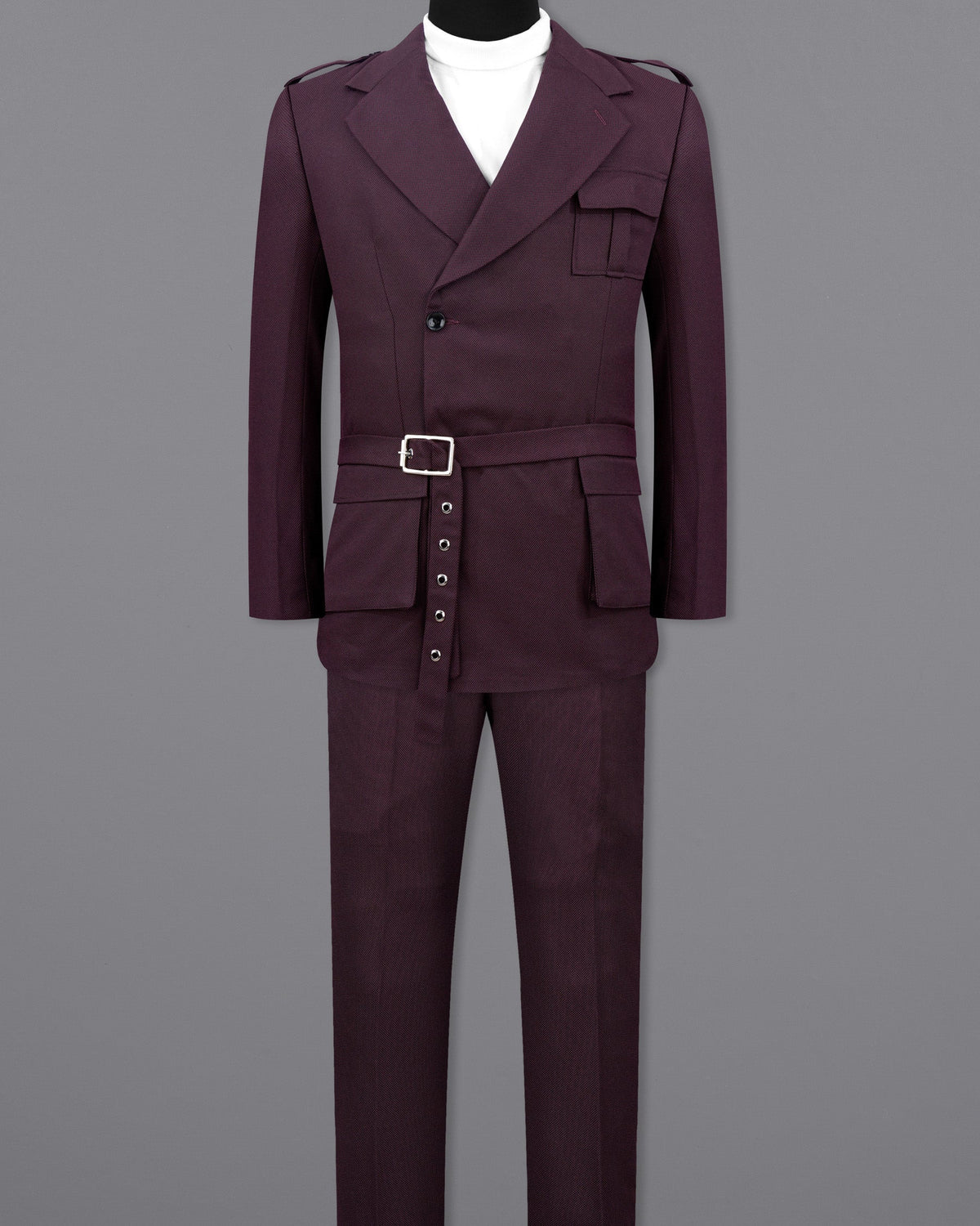 Eclipse Maroon Double Breasted Designer Suit with Belt Closure