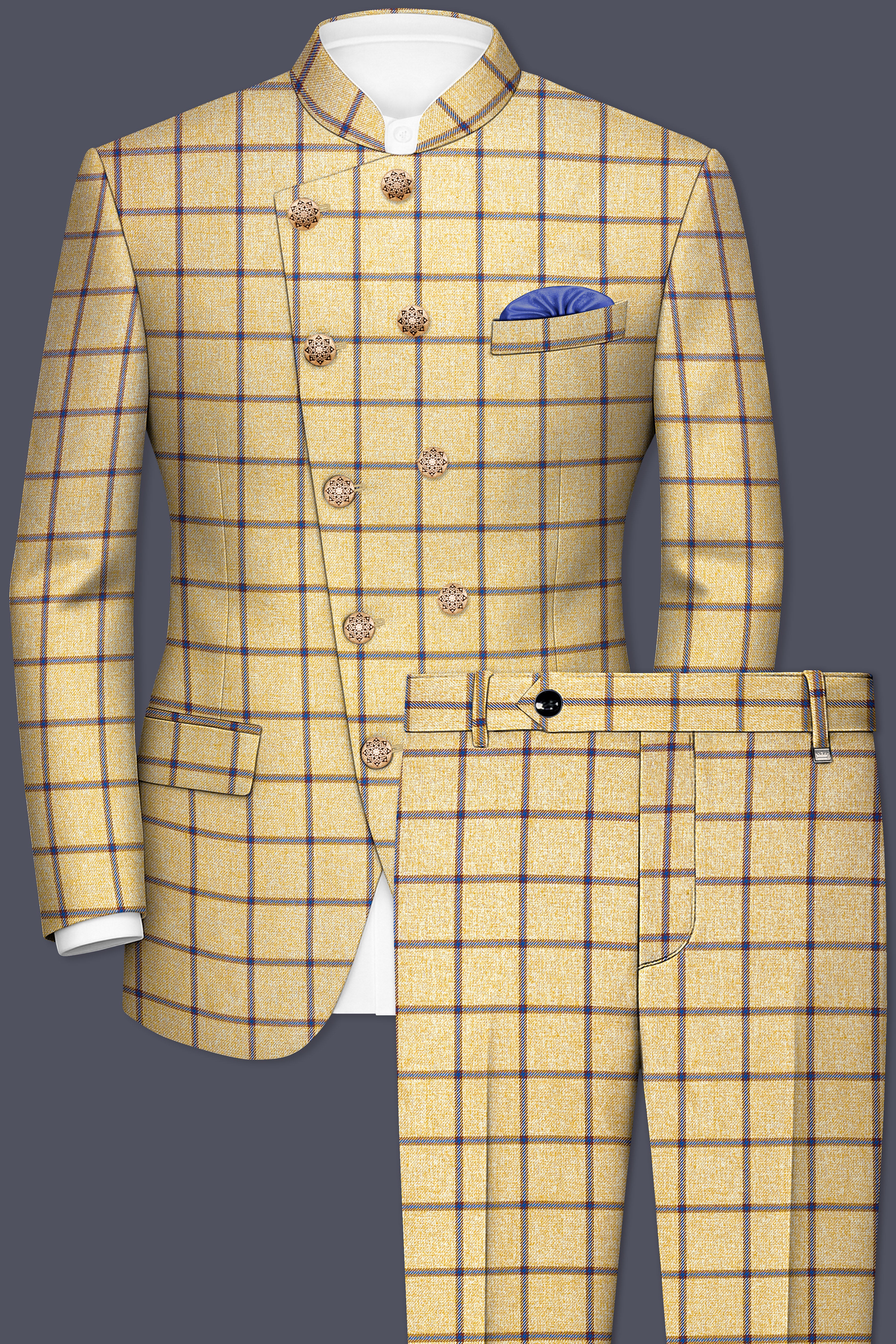 Mongoose Brown with Dianne Blue Windowpane Cross Placket Bandhgala Suit