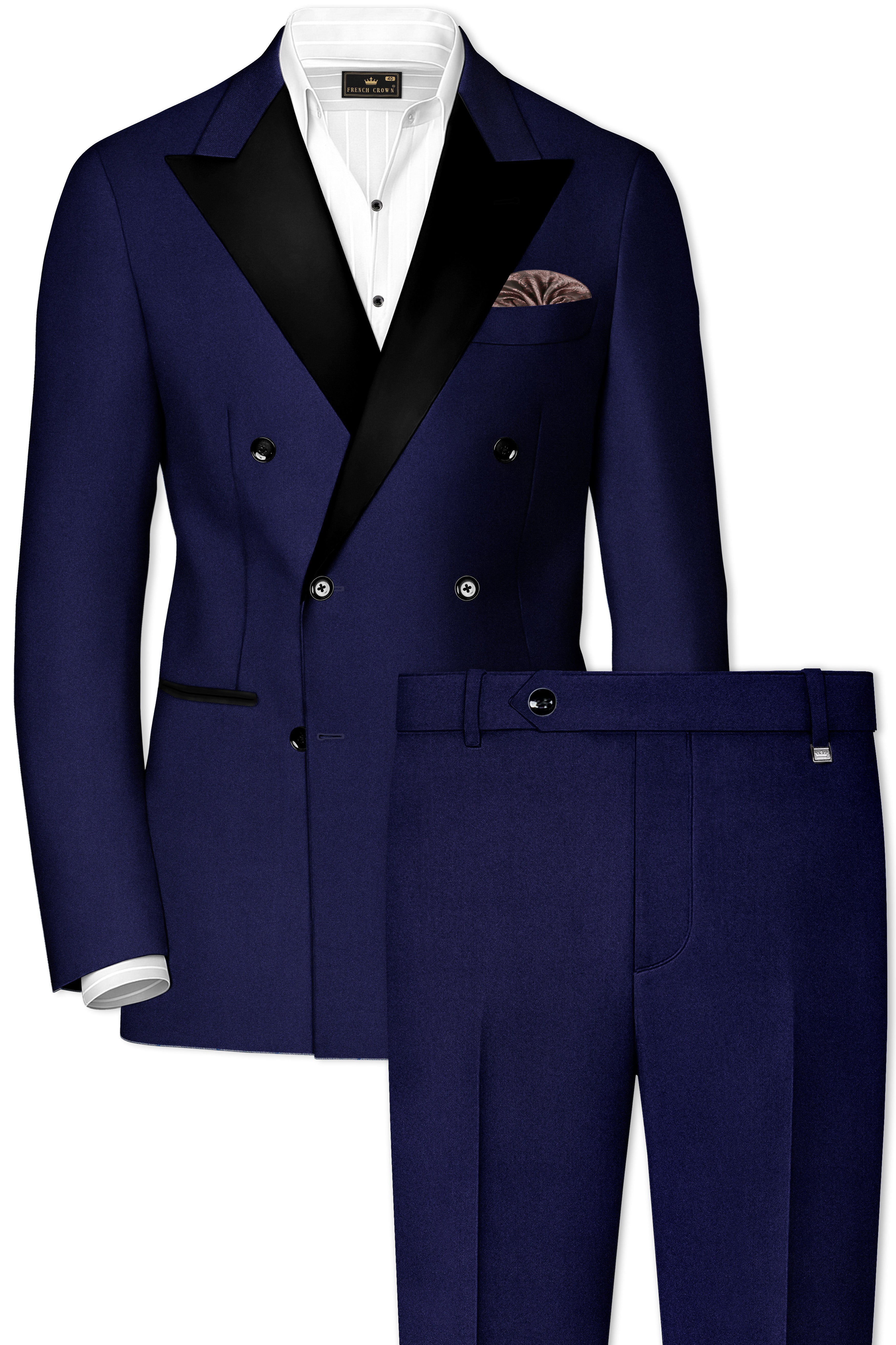 Bleached Cedar Blue Double Breasted Black Lapel Designer Suit
