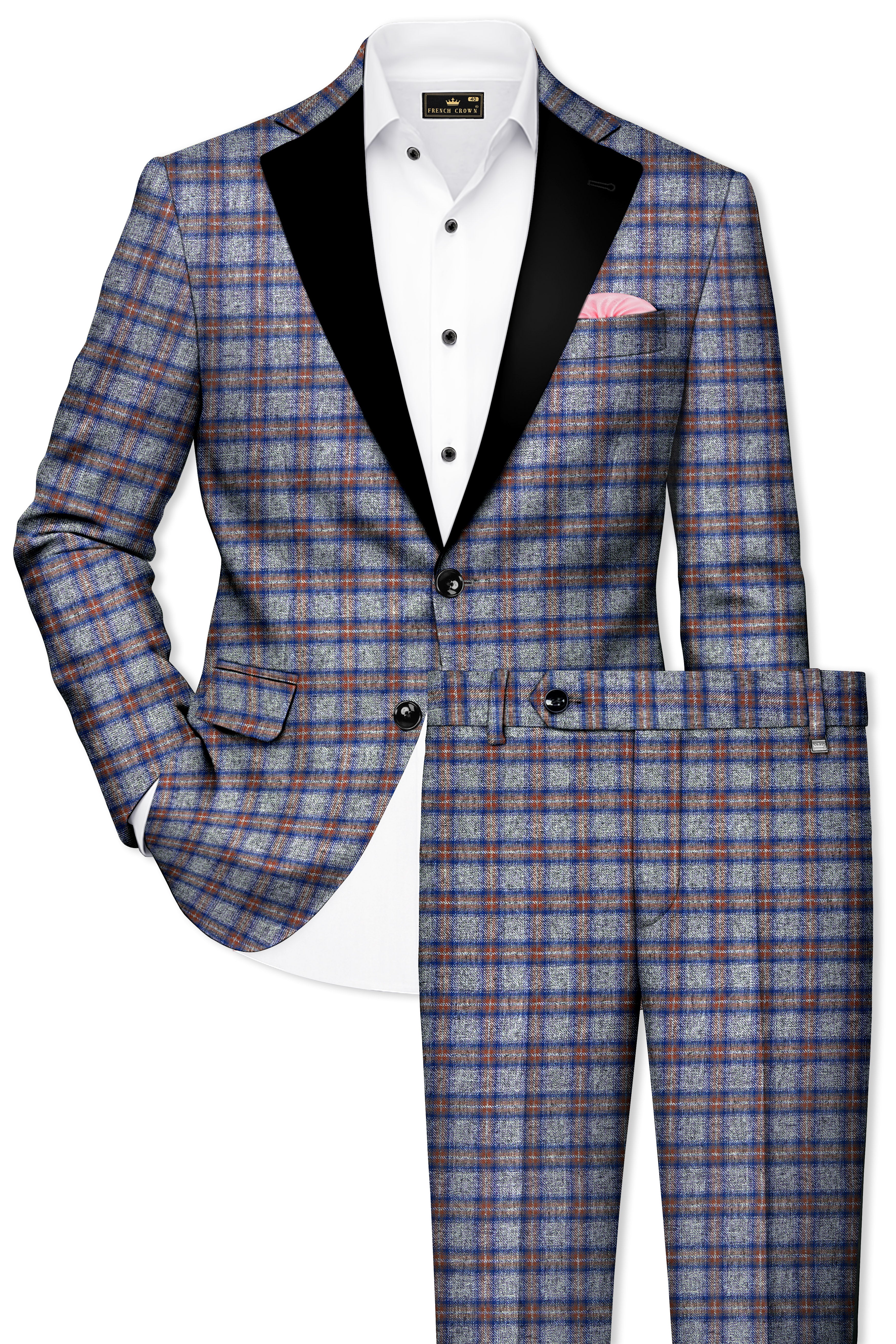 Fuscous Gray Checkered Single Breasted Black Lapel Designer Suit