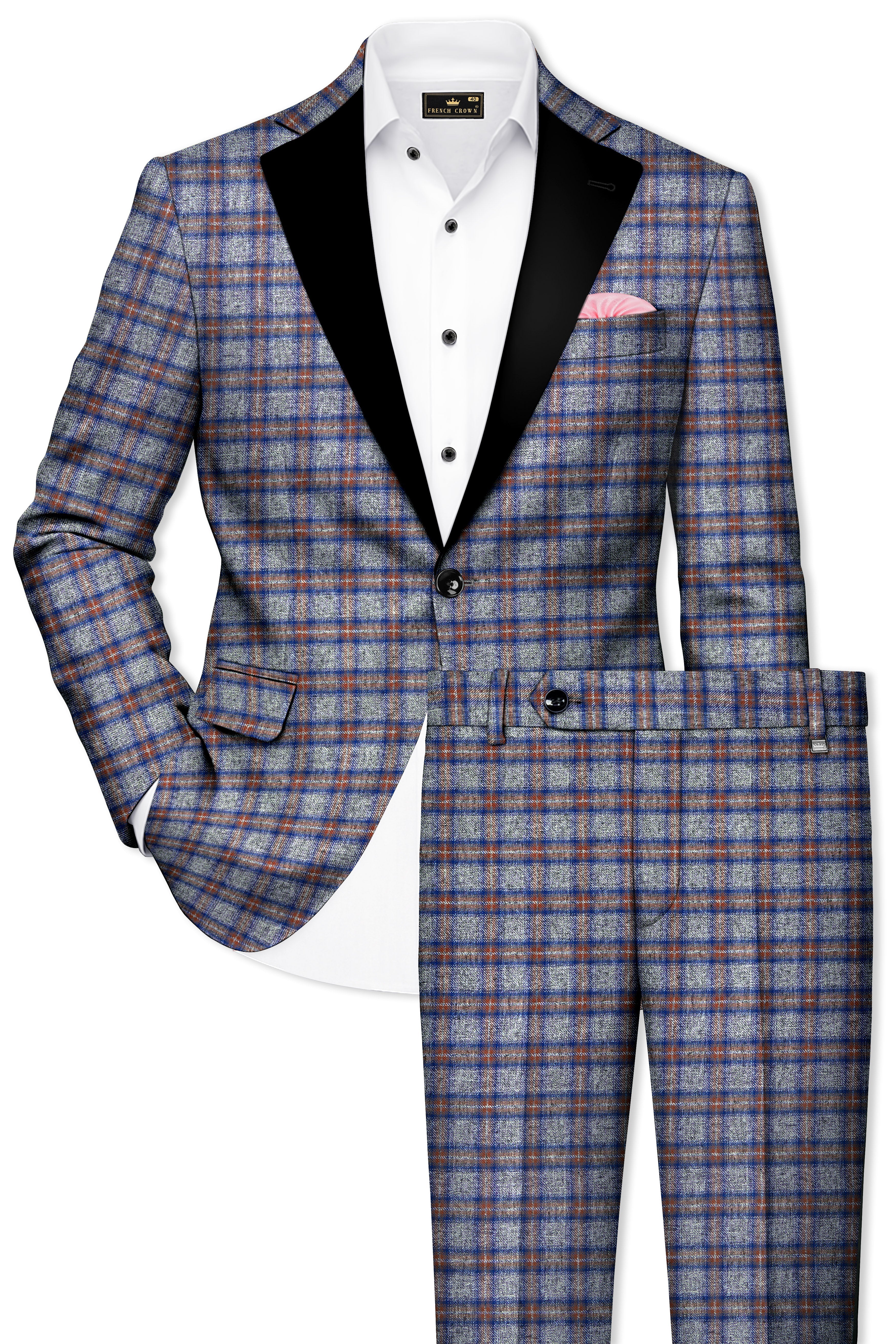 Fuscous Gray Checkered Single Breasted Black Lapel Designer Suit