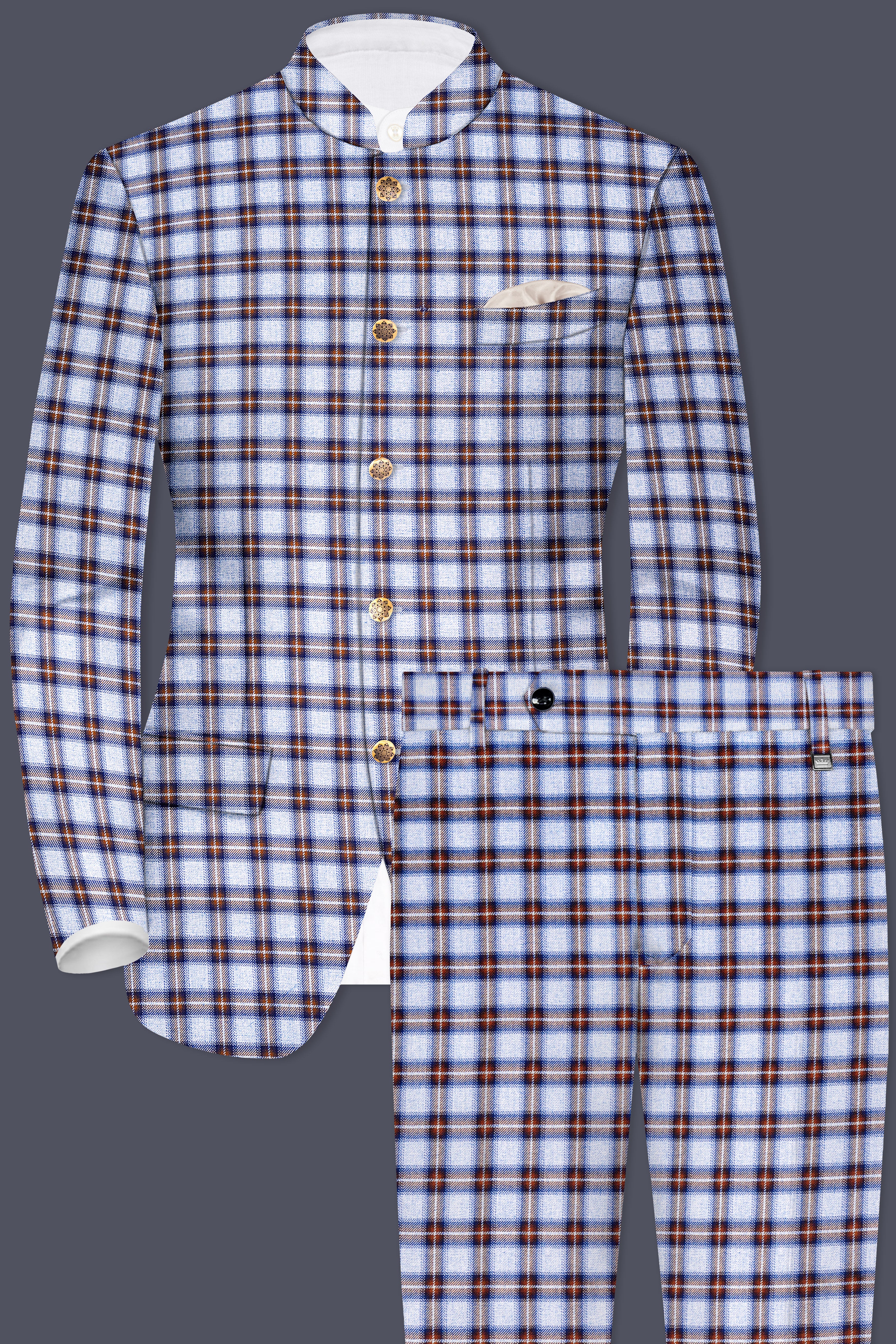 Chateau Blue with Cocoa Brown Plaid Bandhgala Suit