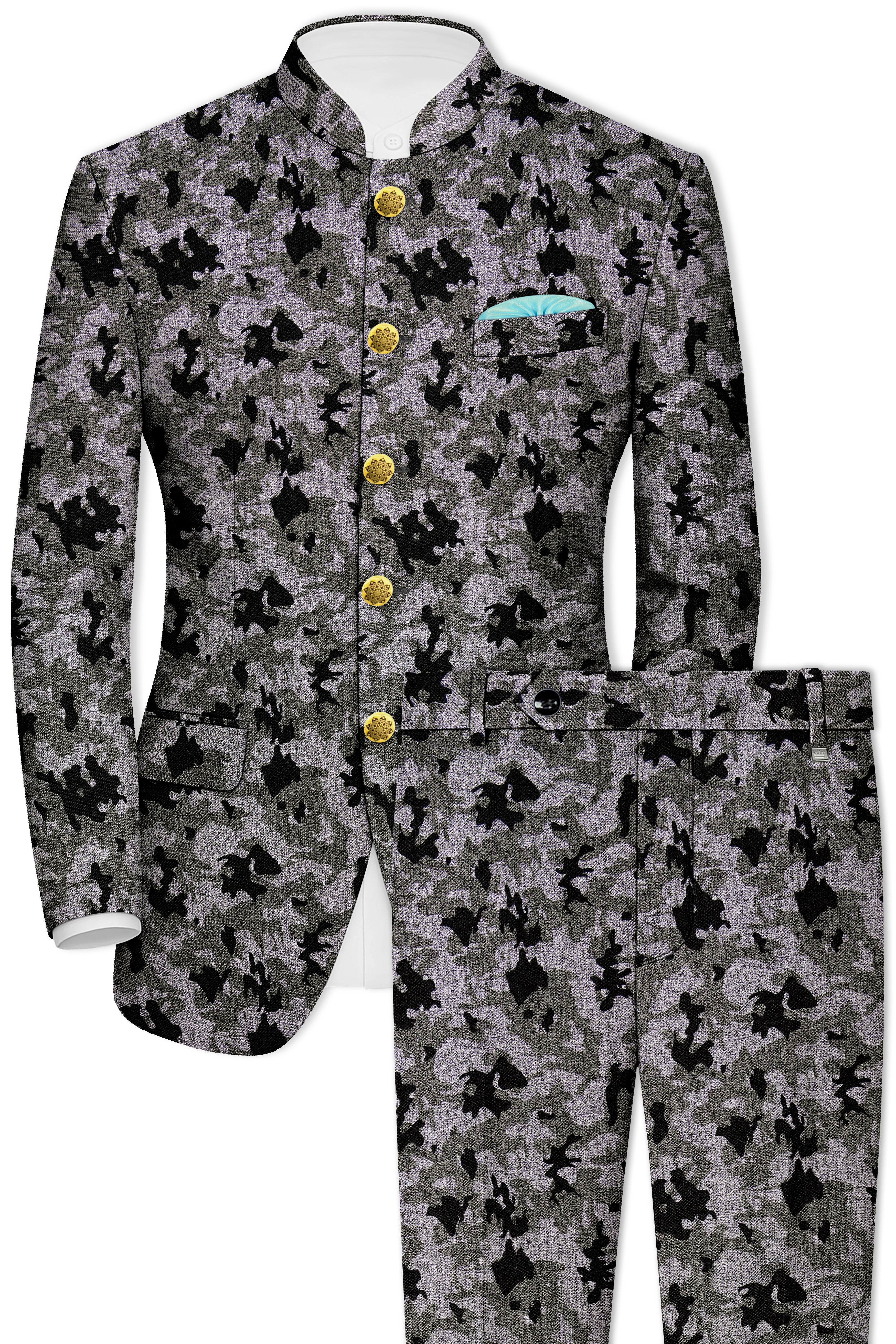 Merlin Green with Scorpion Gray Chintz Printed Bandhgala Designer Suit