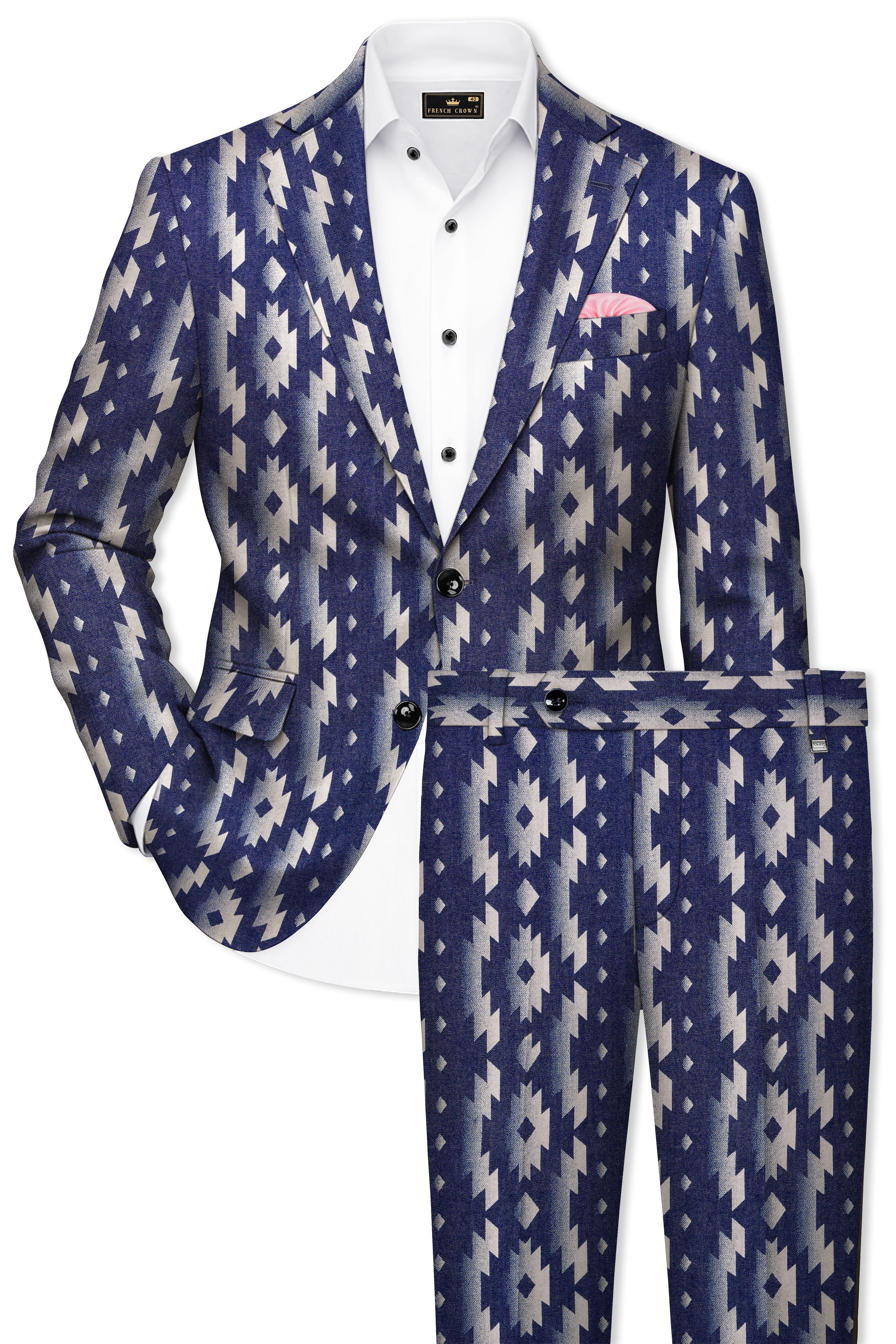Gunmetal Blue with Nobel Cream Iktat Printed Denim Premium Cotton Designer Suit