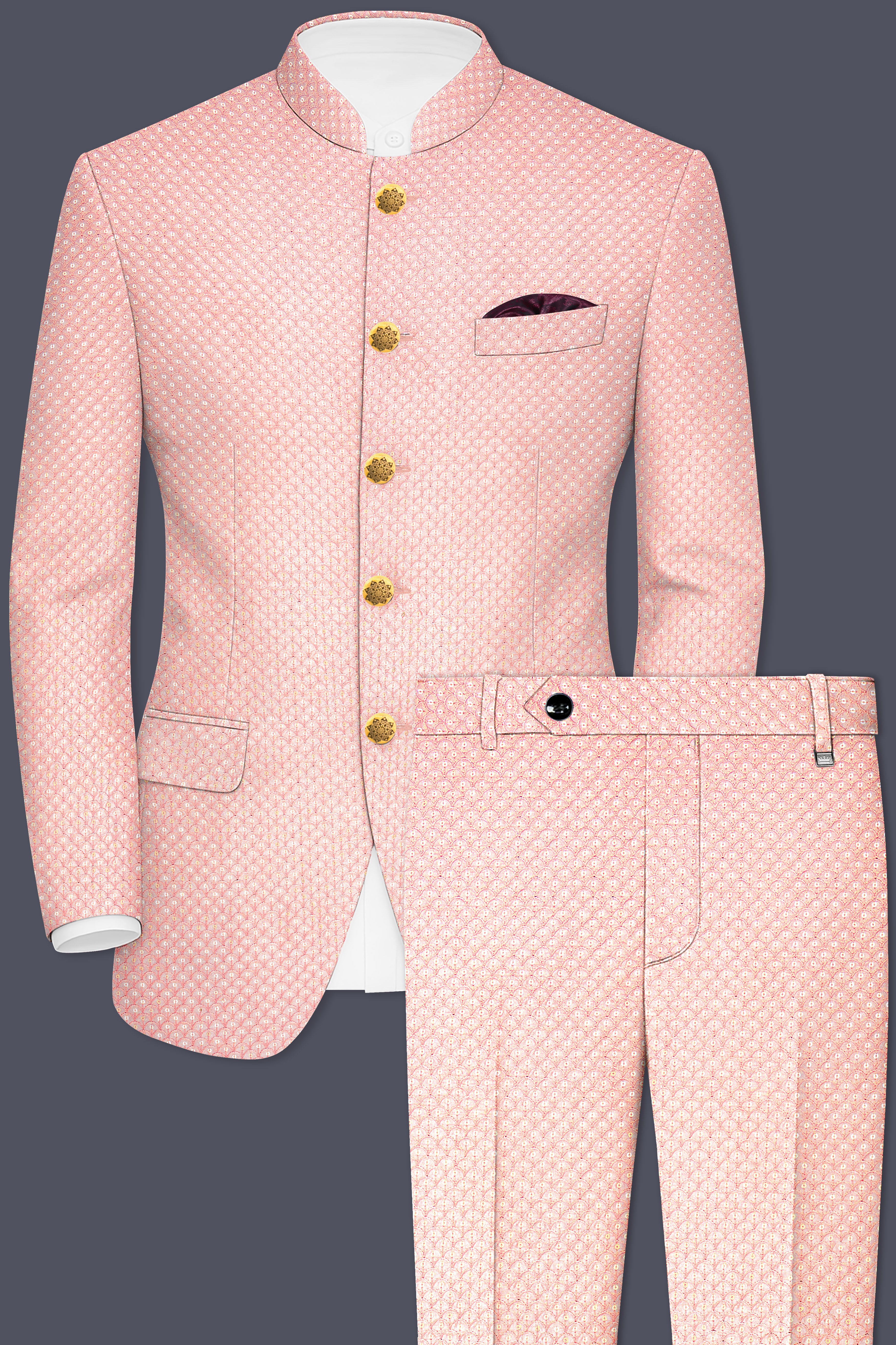 Pastel Pink Cotton Thread Heavy Embroidered Bandhgala Designer Suit