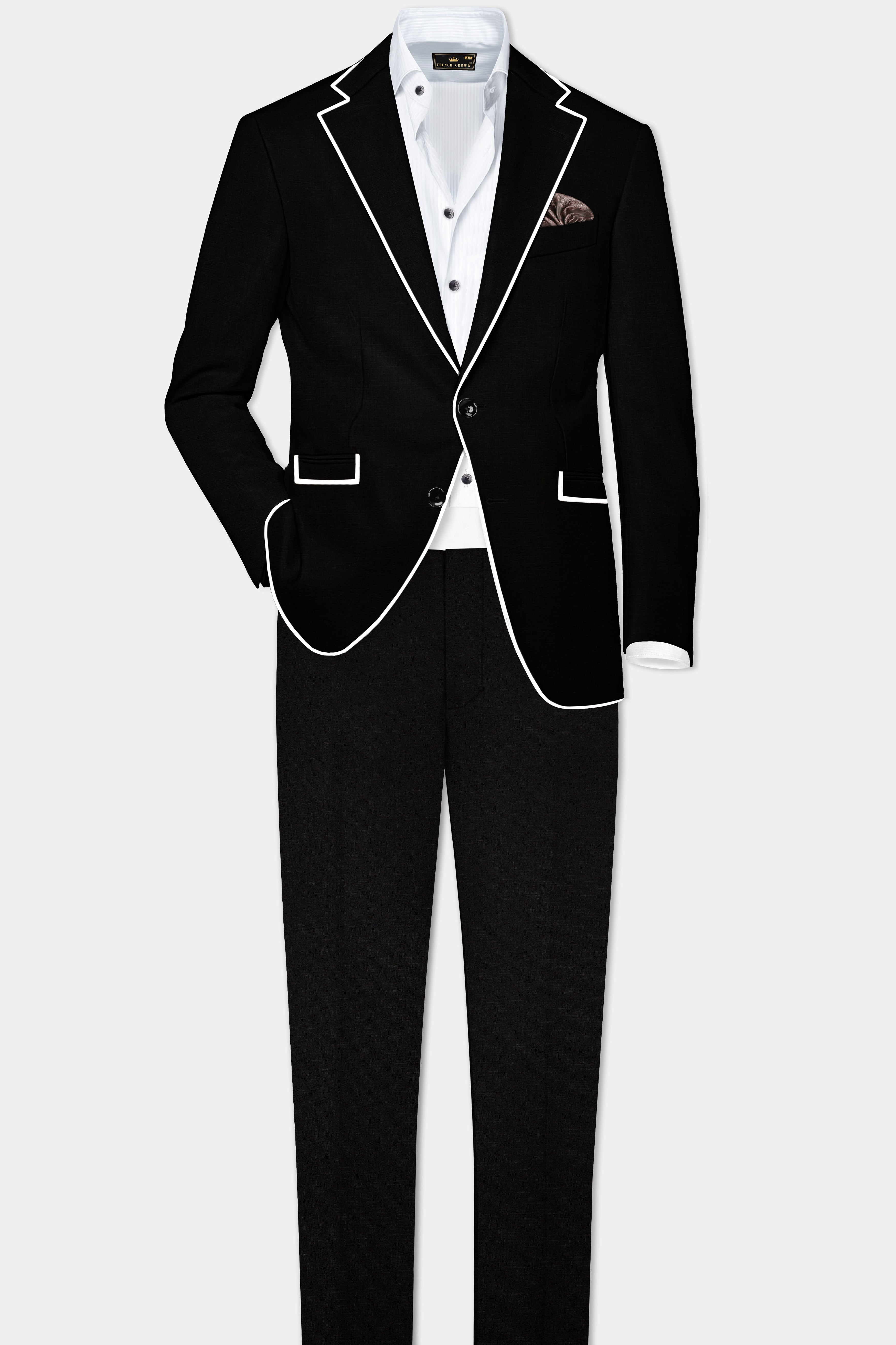 Jade Black Stretchable Subtle Sheen with White Border Patterned Suit