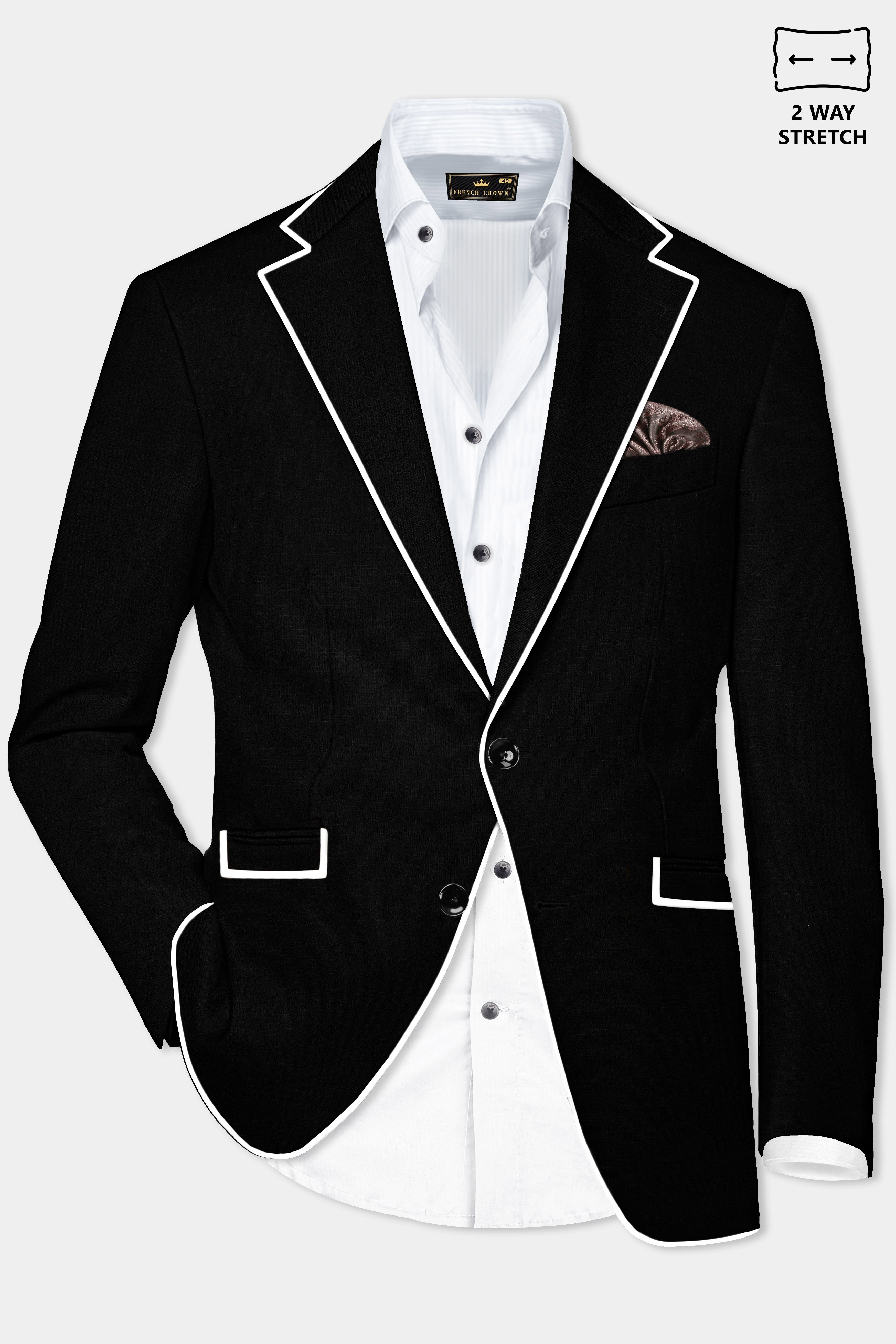 Jade Black Stretchable Subtle Sheen with White Border Patterned Suit
