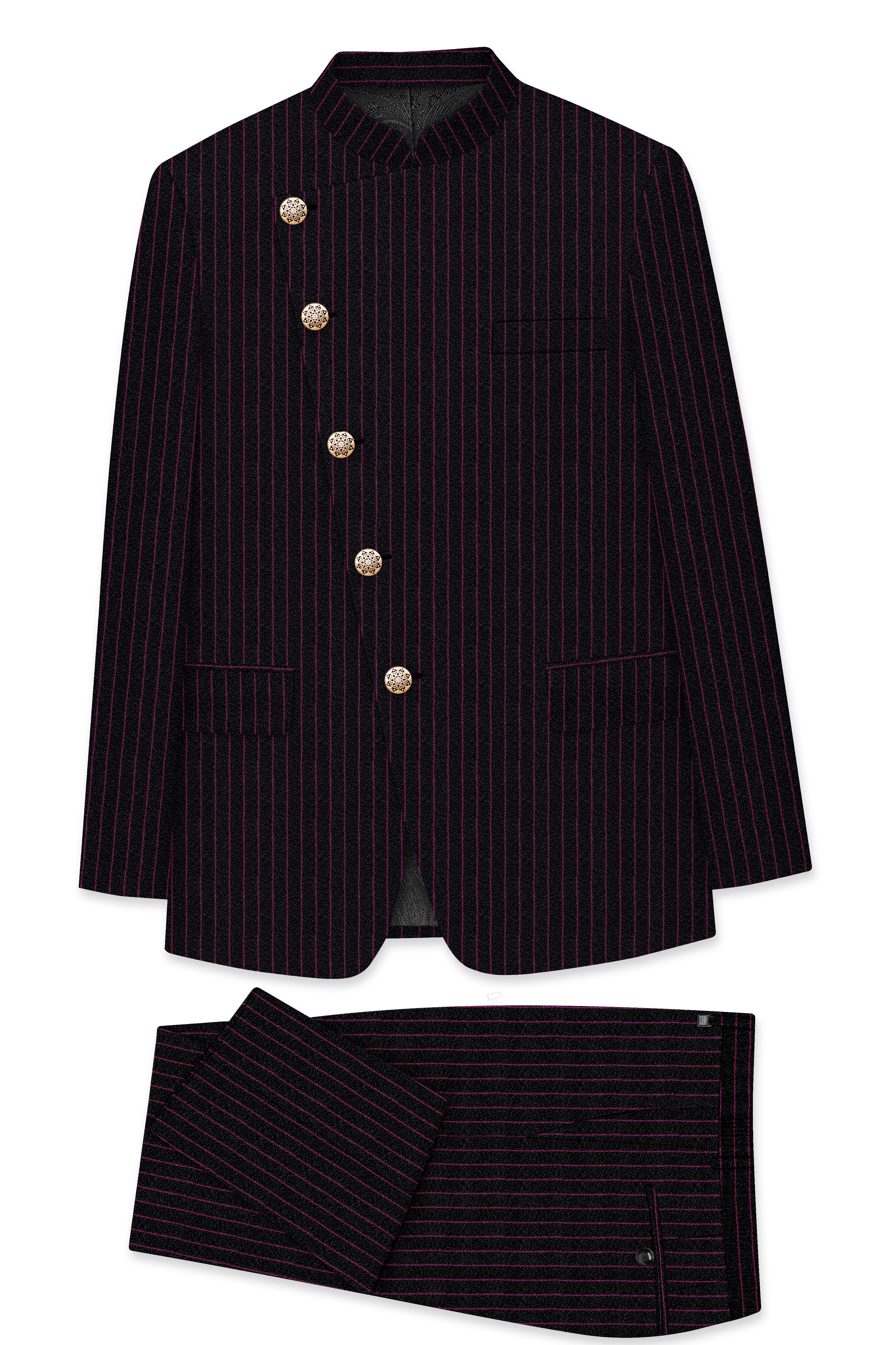 Zeus Black with Dark Mauve Pink Striped Cross Placket Bandhgala Suit