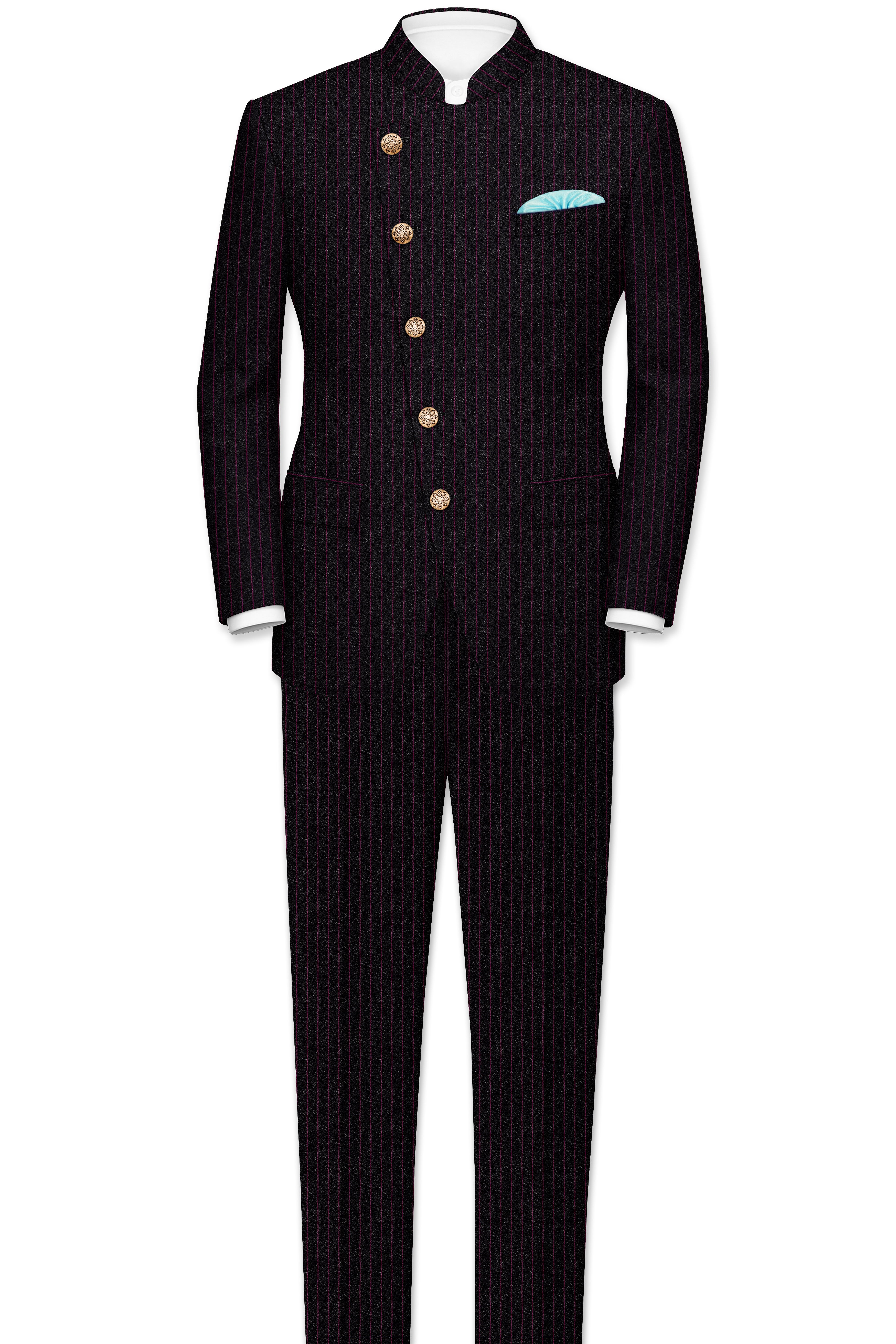 Zeus Black with Dark Mauve Pink Striped Cross Placket Bandhgala Suit