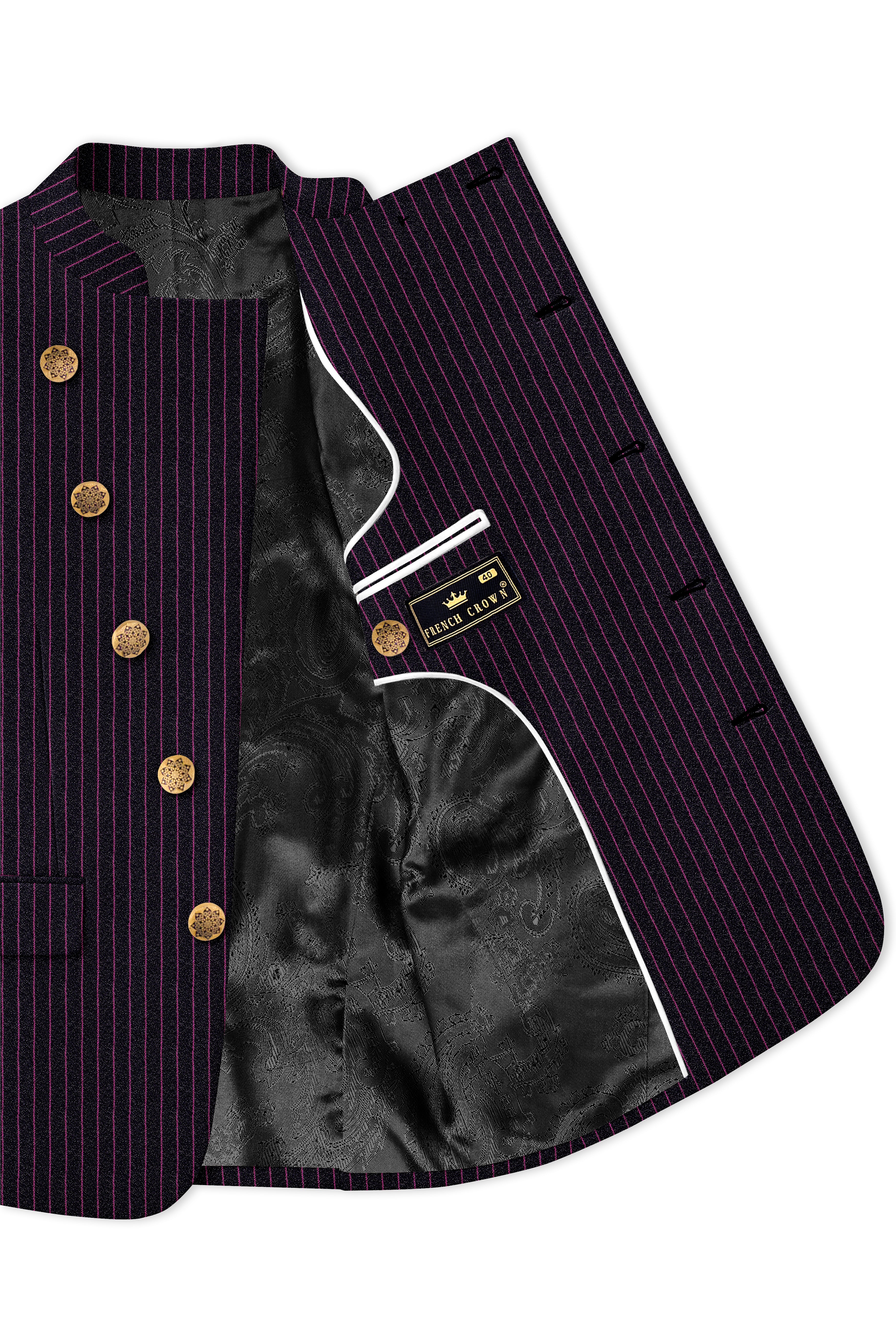 Zeus Black with Dark Mauve Pink Striped Cross Placket Bandhgala Suit