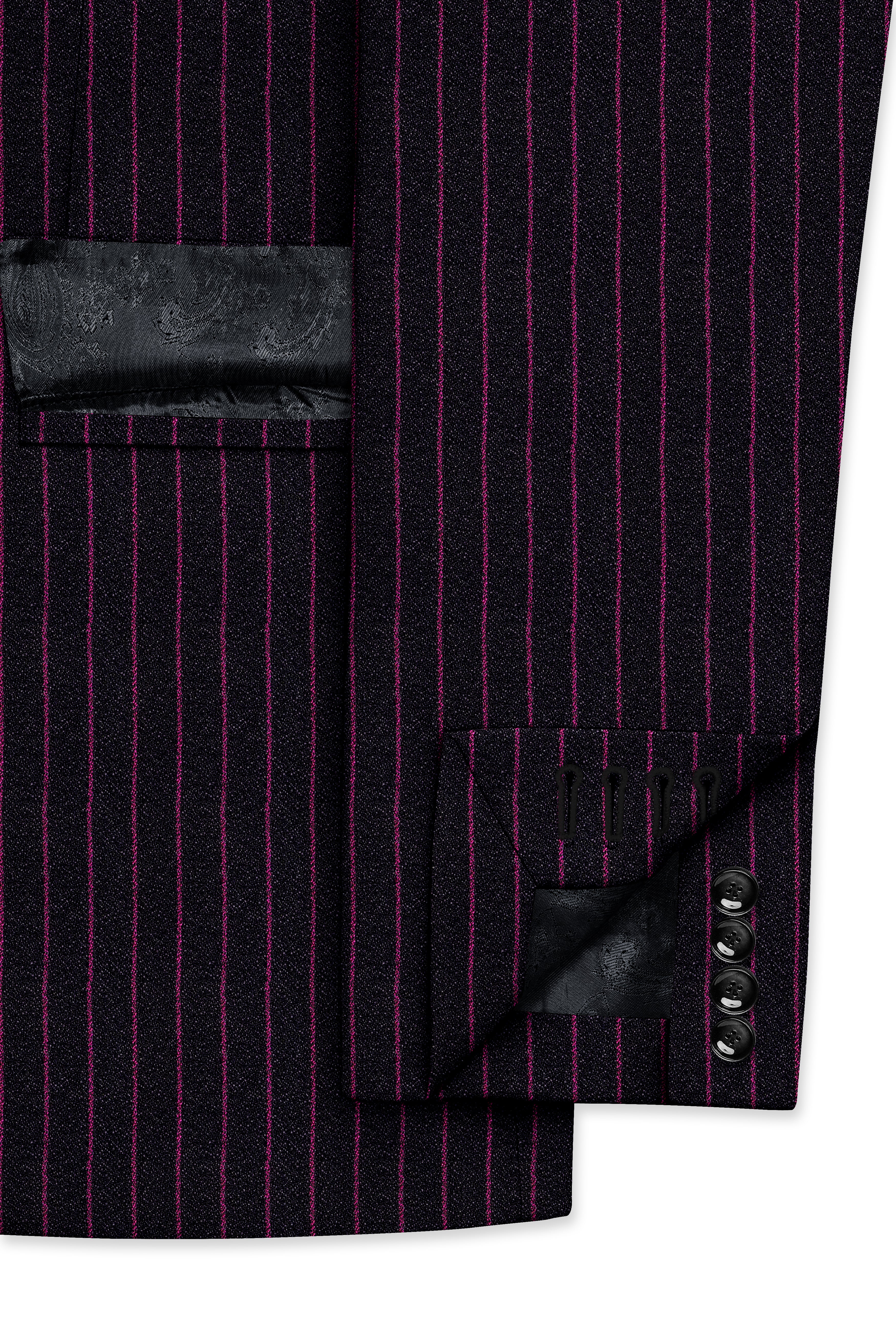 Zeus Black with Dark Mauve Pink Striped Cross Placket Bandhgala Suit