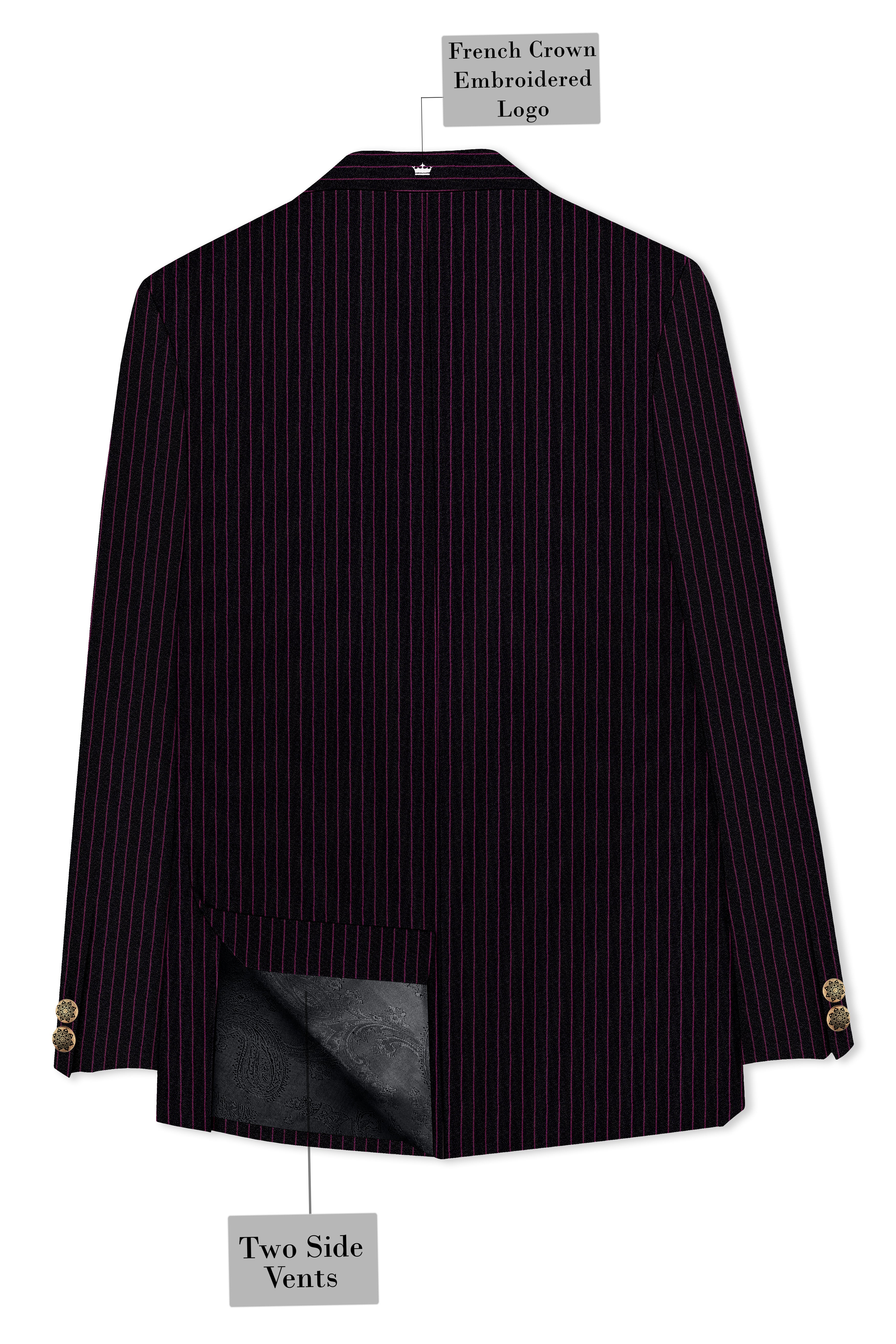 Zeus Black with Dark Mauve Pink Striped Cross Placket Bandhgala Suit