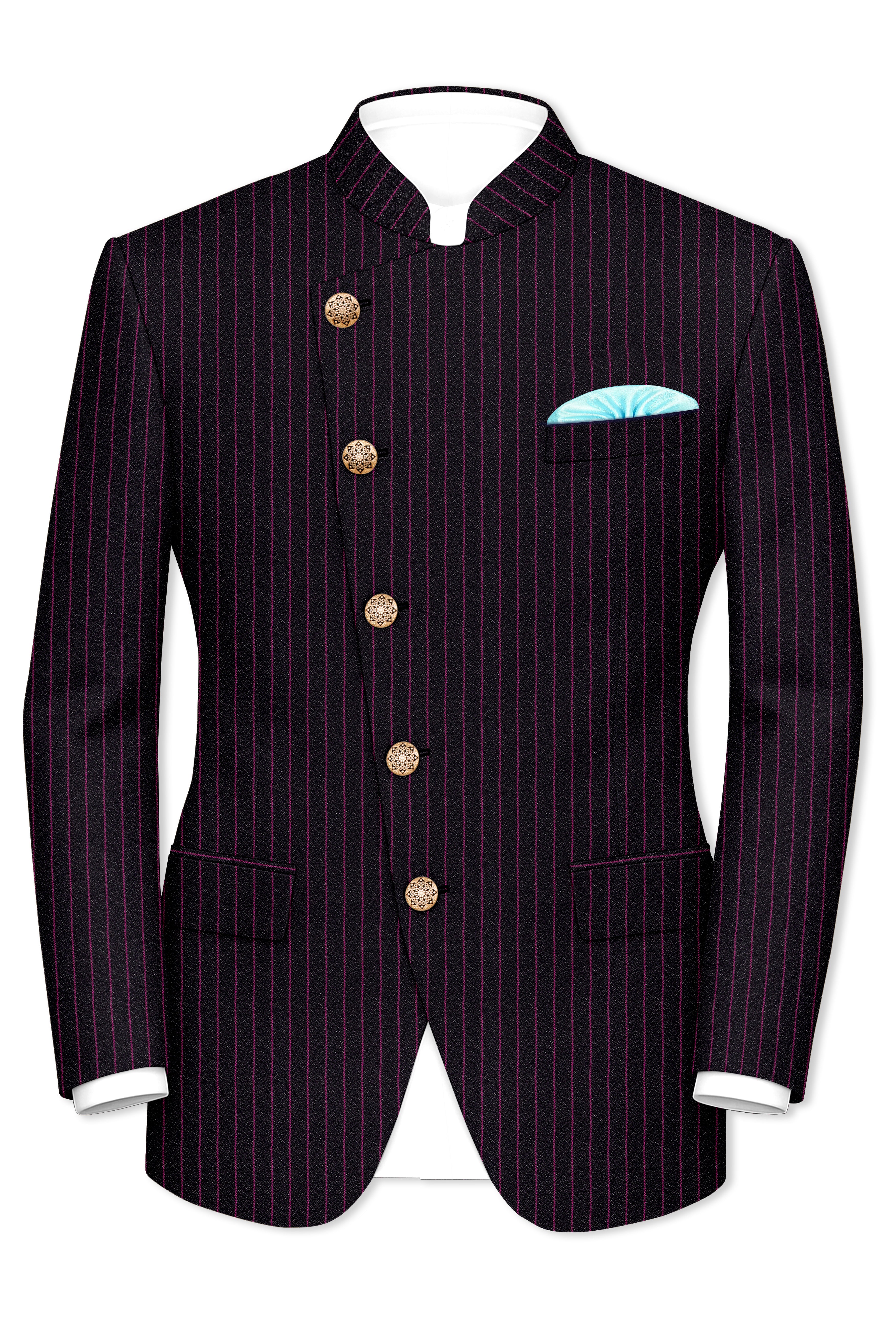 Zeus Black with Dark Mauve Pink Striped Cross Placket Bandhgala Suit