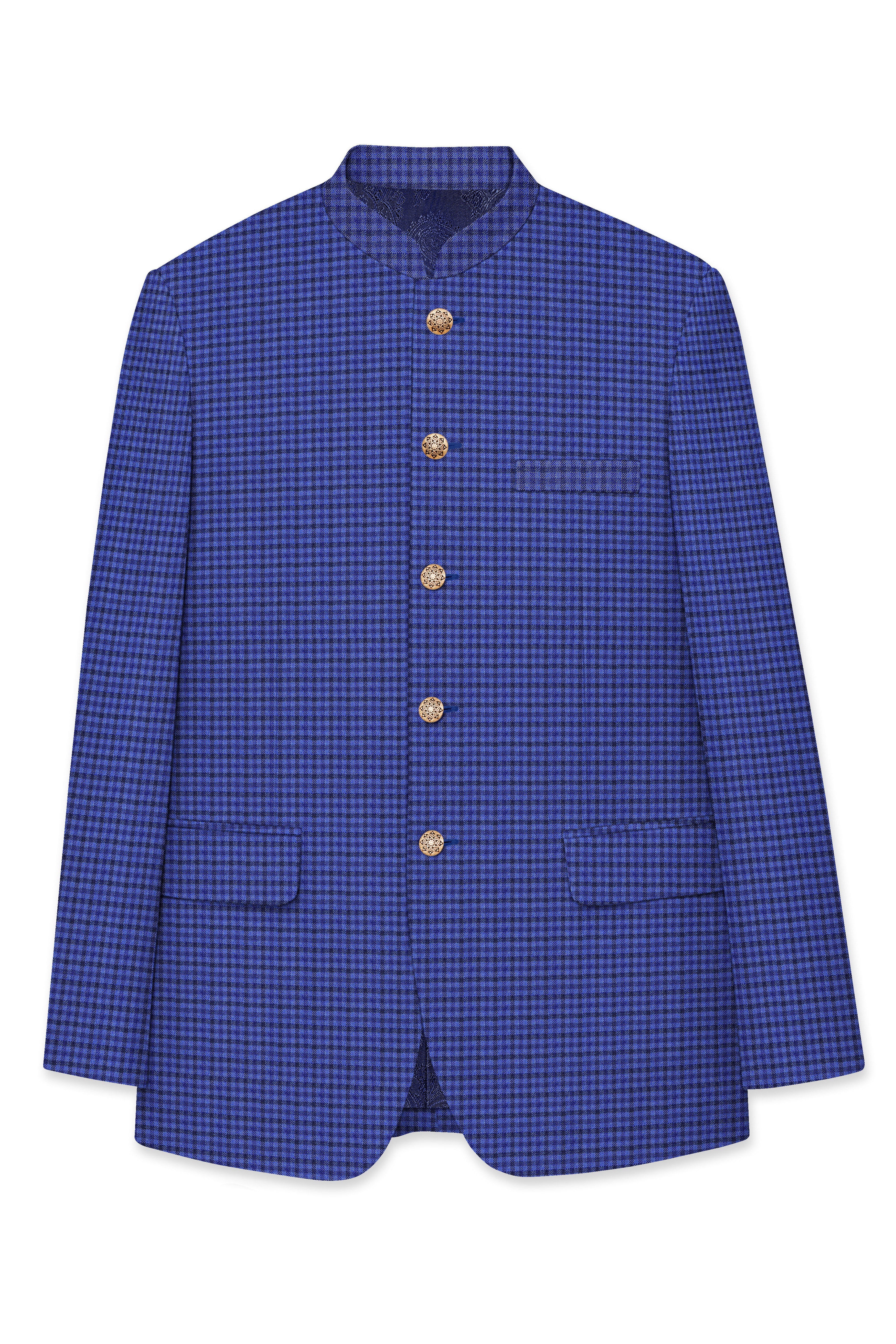 Victoria Blue Gingham Checkered Bandhgala Suit