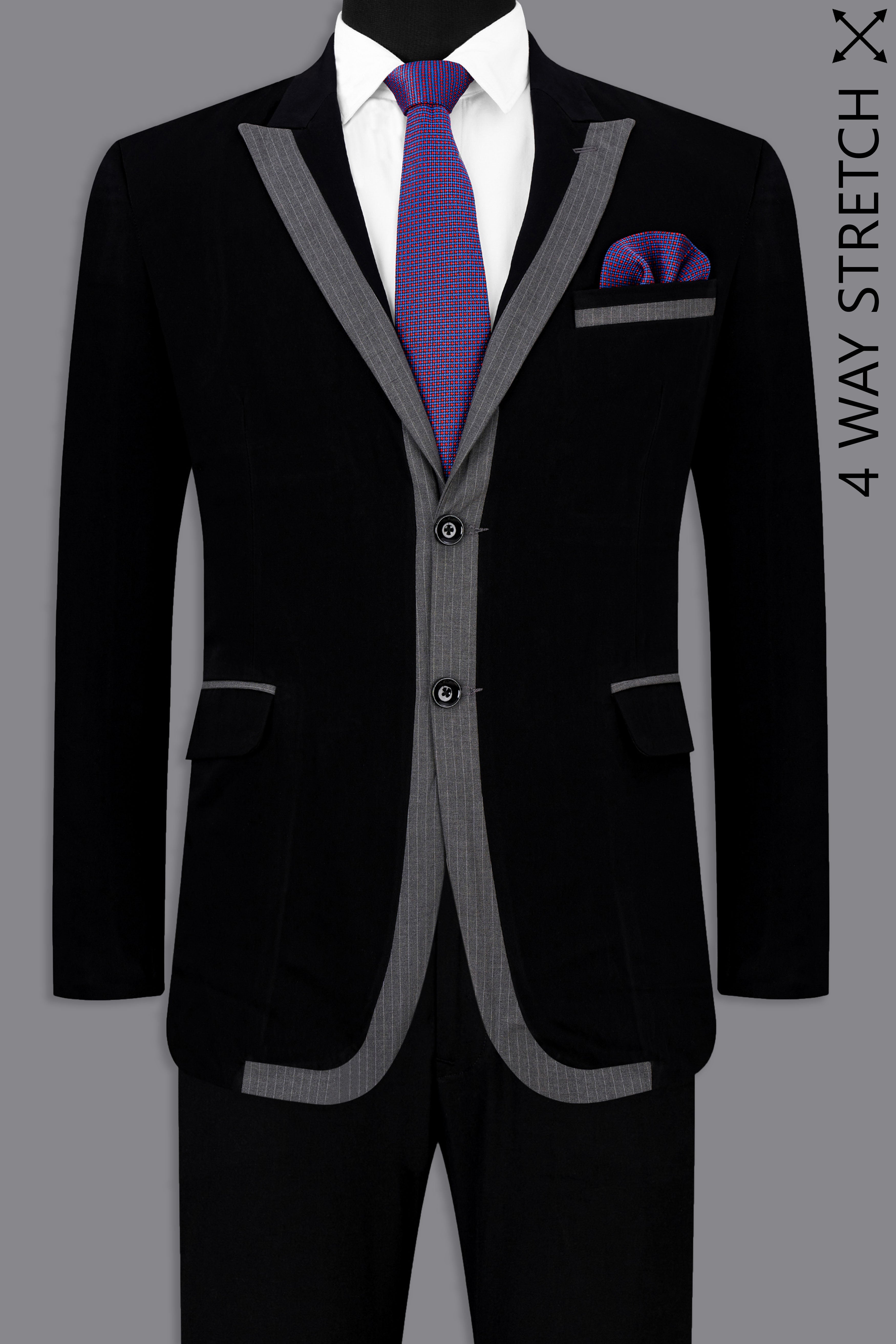 Noirex-Korean Black ( The Best Black We Have ) with Gray 4-Way Stretch Wrinkle-Free Single Breasted Designer Suit