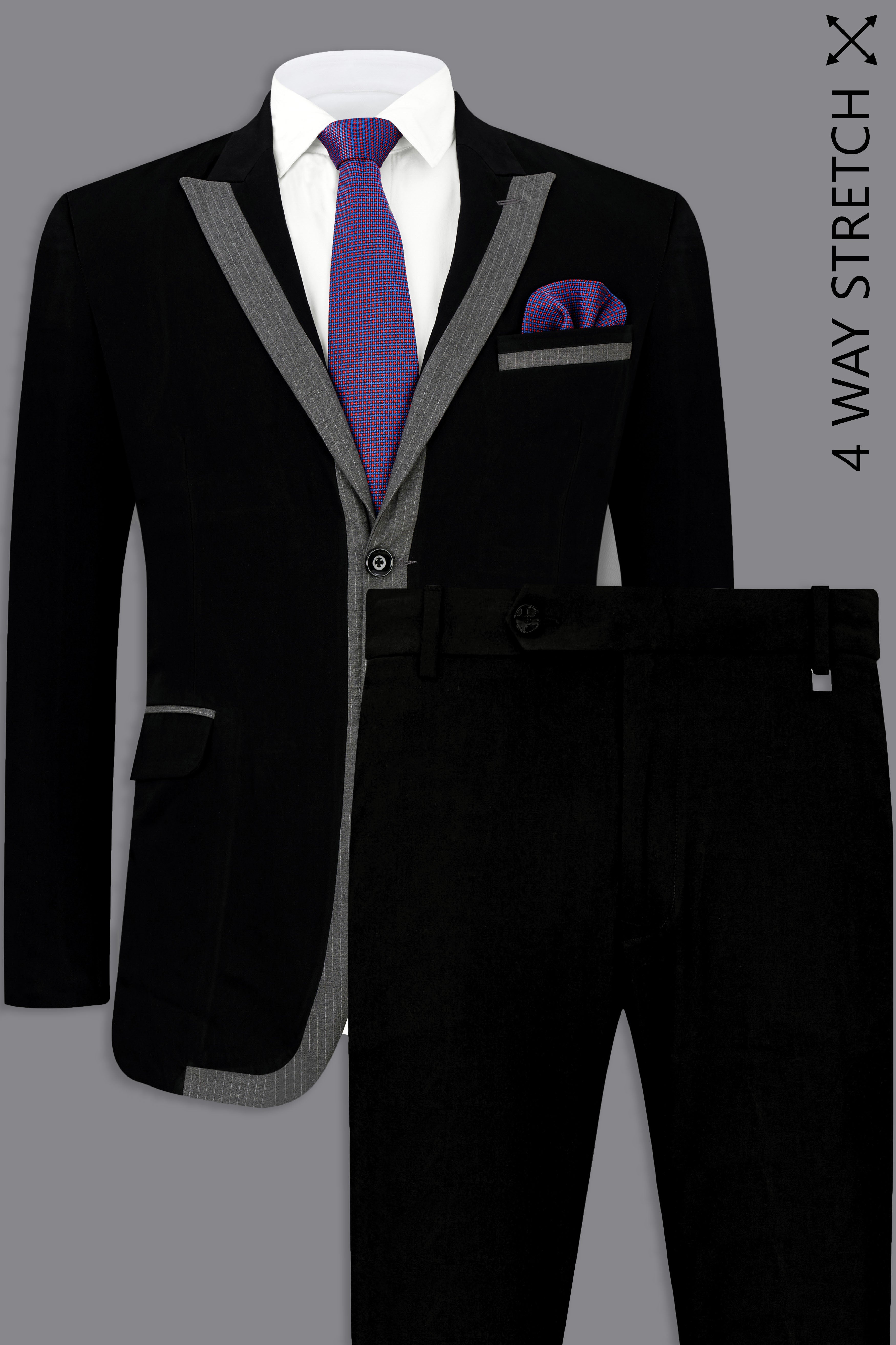 Noirex-Korean Black ( The Best Black We Have ) with Gray 4-Way Stretch Wrinkle-Free Single Breasted Designer Suit