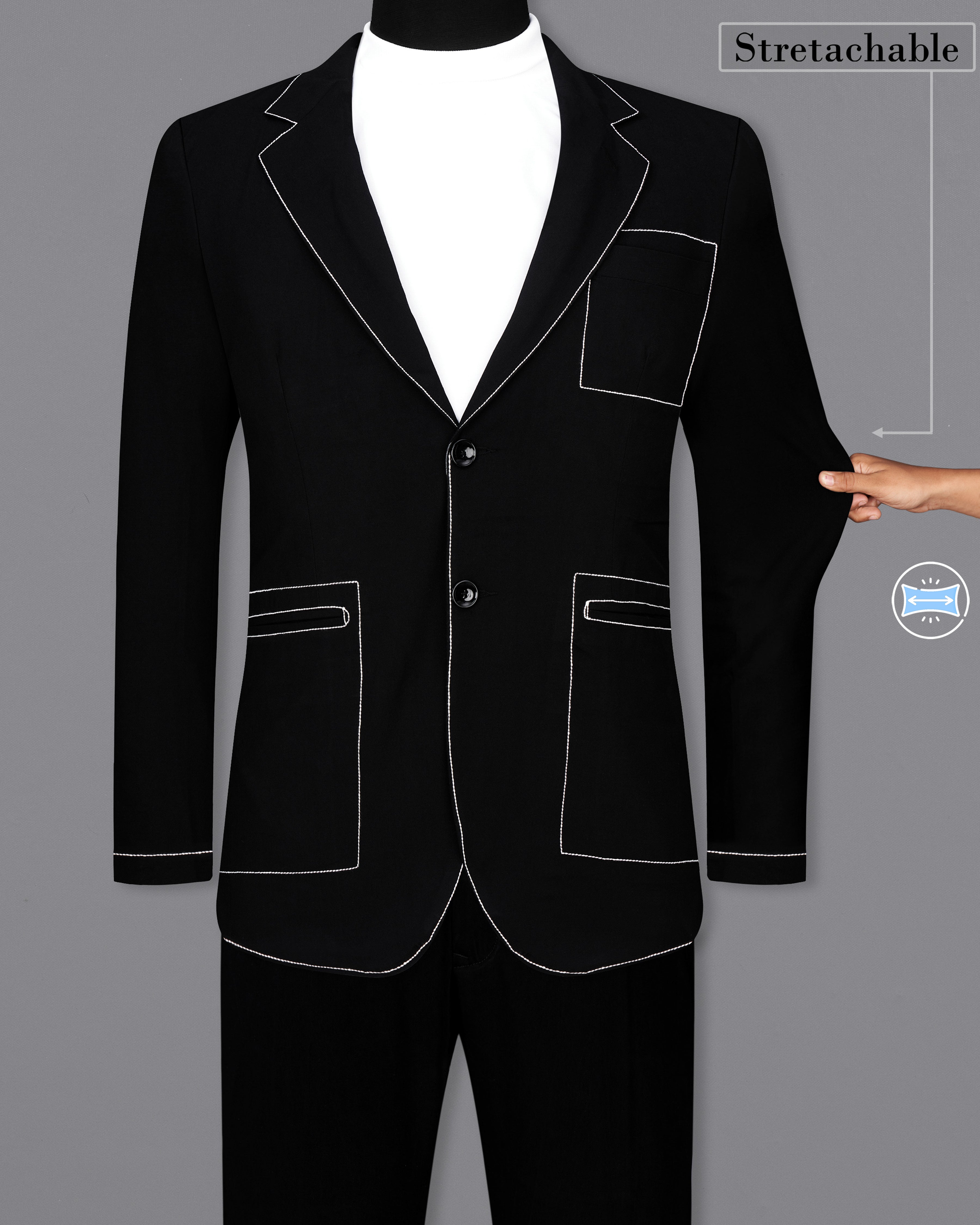 Jade Black with White Threadwork Stretchable Designer Traveler Suit