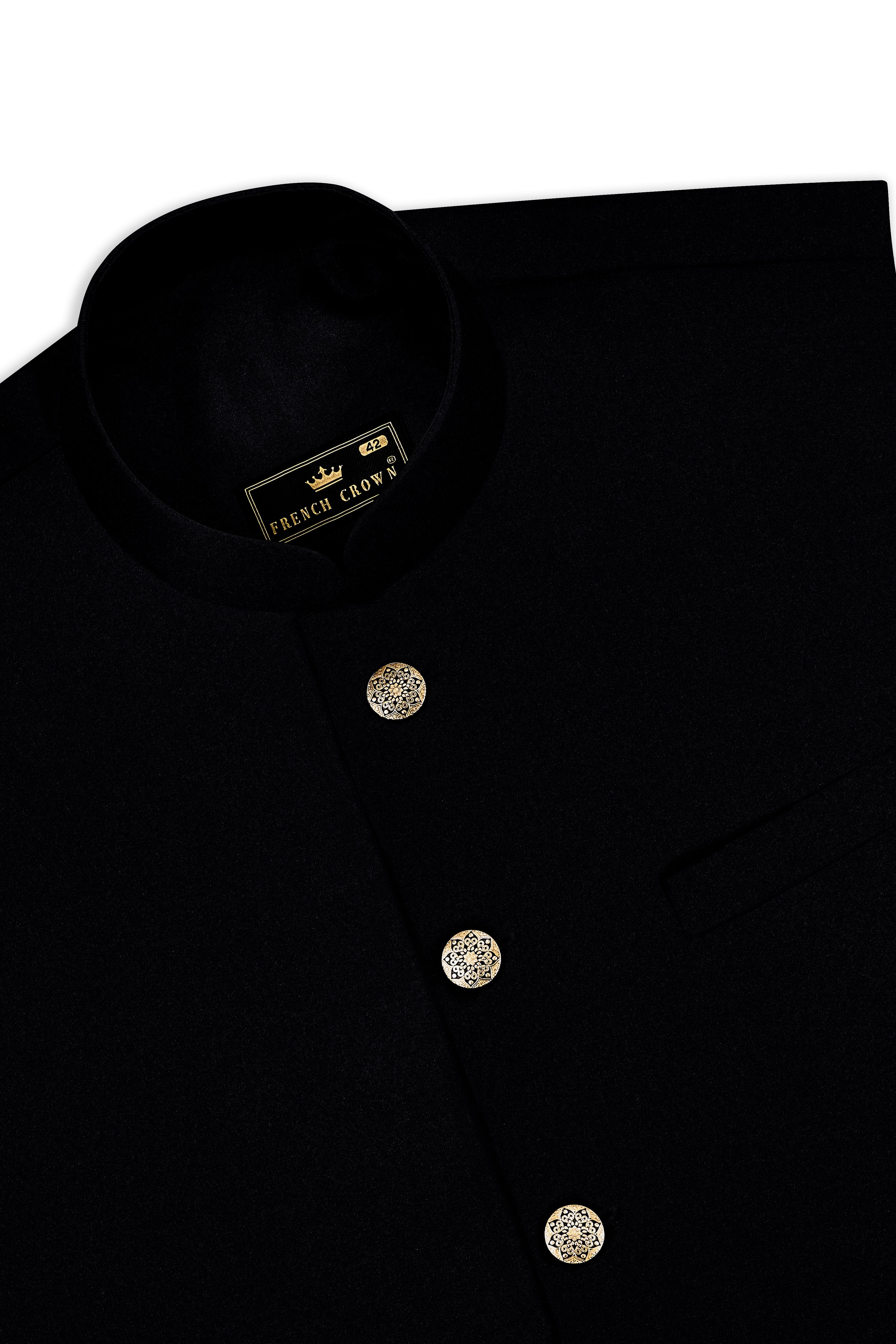 Noirex-Korean Black (The Best Black We Have) Cross Placket 4-Way Stretch Wrinkle-Free Fluid Drape Fabric Bandhgala Suit