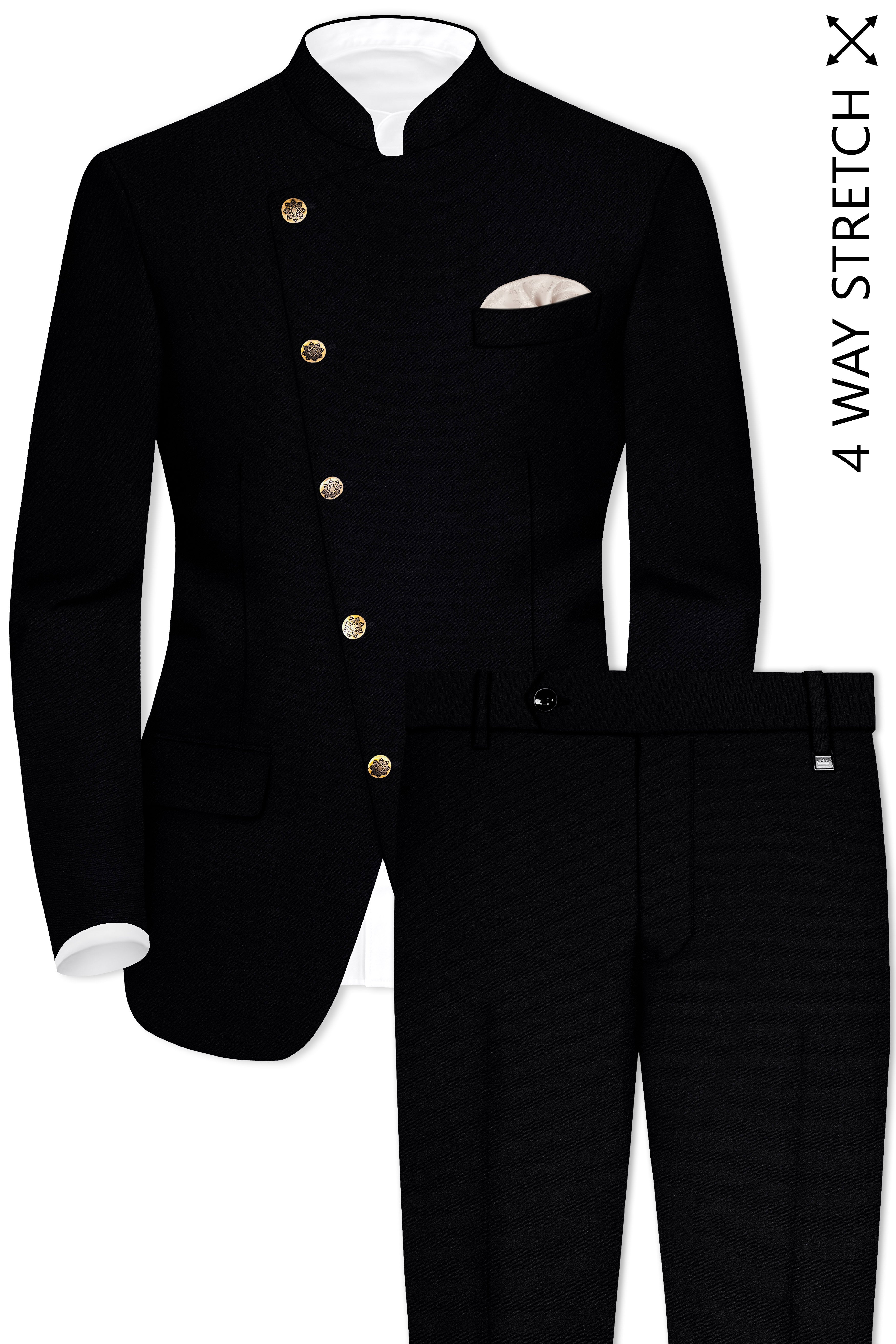 Noirex-Korean Black (The Best Black We Have) Cross Placket 4-Way Stretch Bandhgala Suit