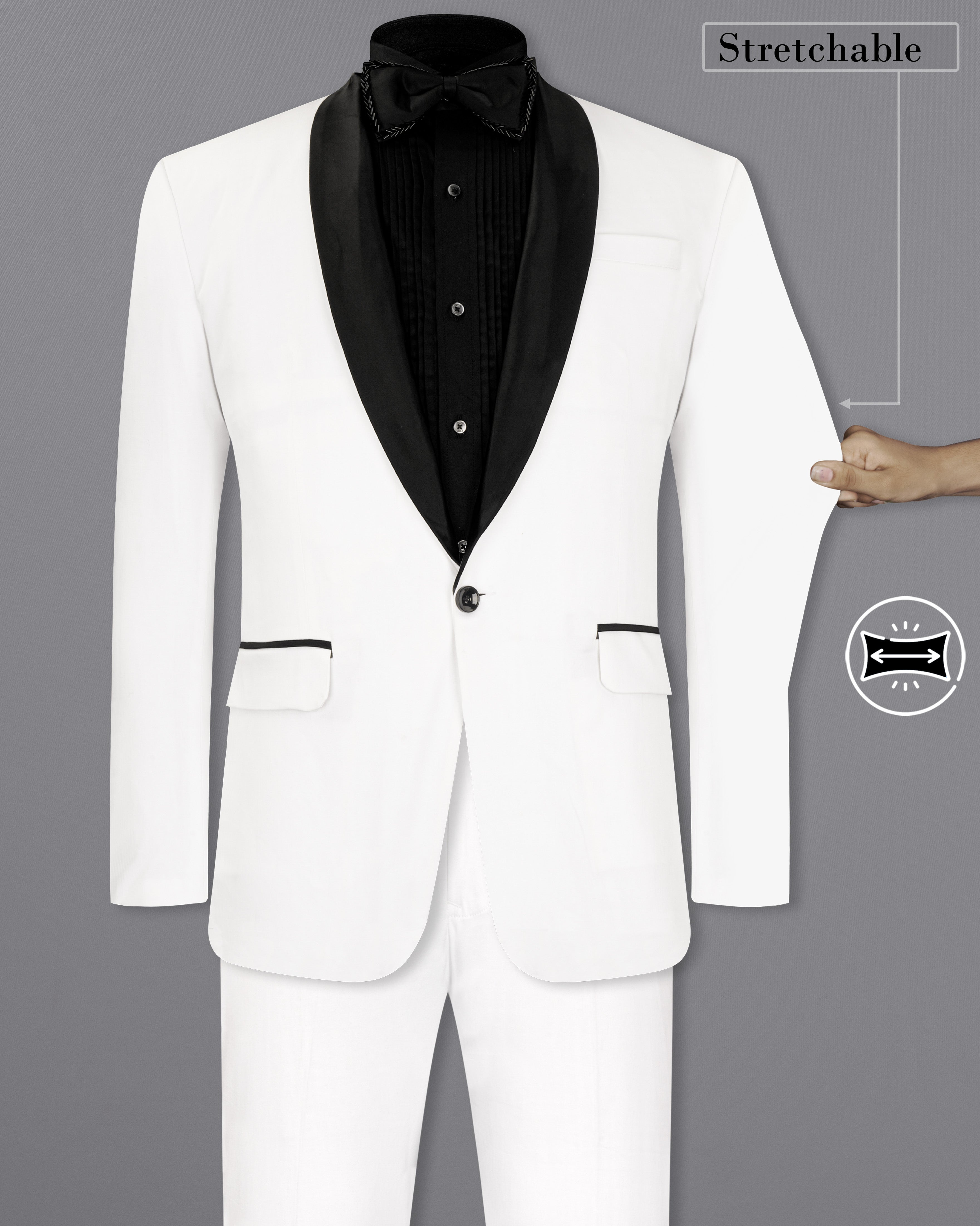 Bright White Stretchable Premium Cotton Tuxedo Traveler Suit