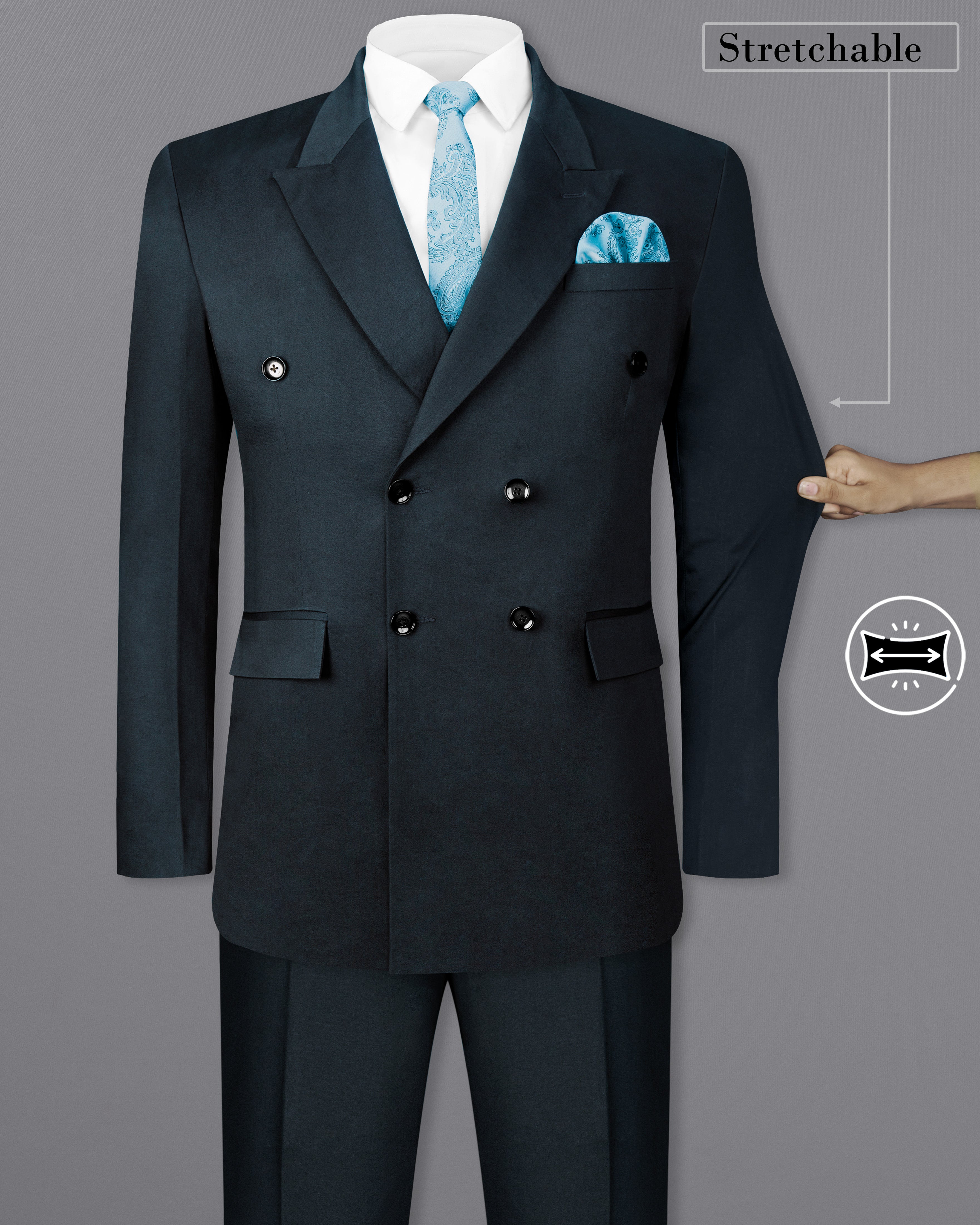Timber Sea Blue Solid Stretchable Premium Cotton Double Breasted Traveler Suit ST2638-DB-36, ST2638-DB-38, ST2638-DB-40, ST2638-DB-42, ST2638-DB-44, ST2638-DB-46, ST2638-DB-48, ST2638-DB-50, ST2638-DB-52, ST2638-DB-54, ST2638-DB-56, ST2638-DB-58, ST2638-DB-60
